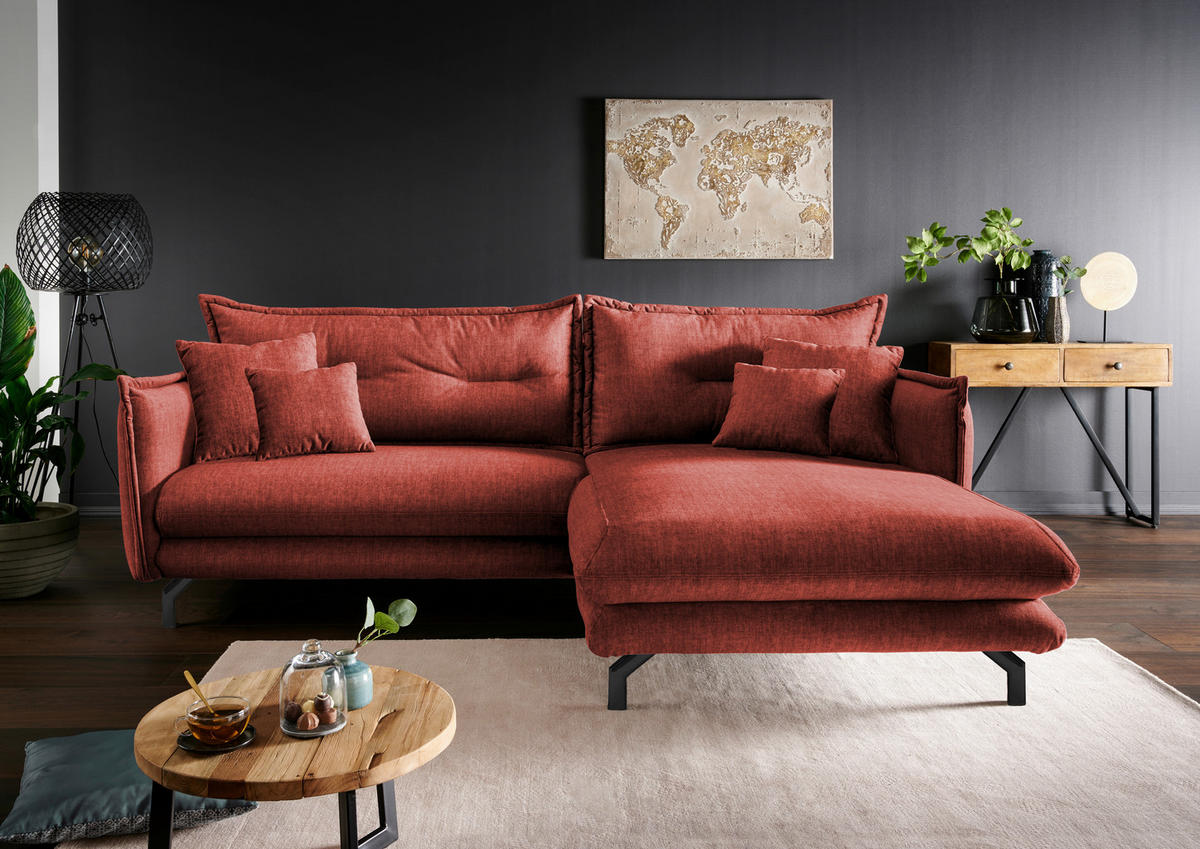 ECKSOFA in Velours Koralle  - Türkis/Koralle, Modern, Textil/Metall (255/180cm) - Livetastic