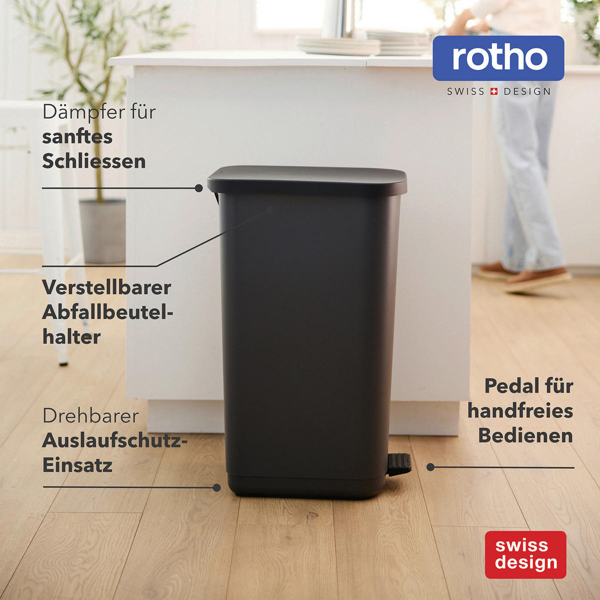 TRETEIMER   - Schwarz, Basics, Kunststoff (33.0/71.0/43.5cm) - Rotho