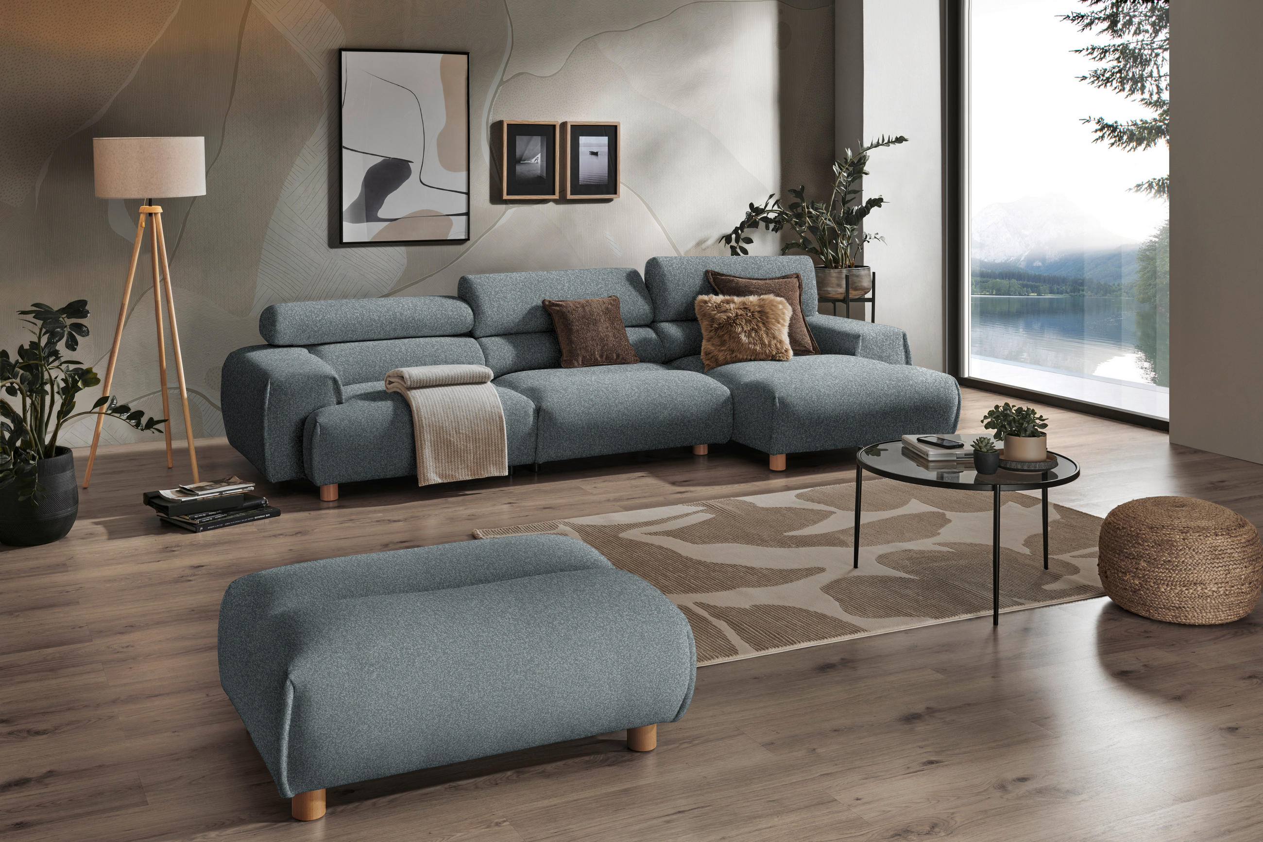 ECKSOFA in Velours Blaugrau  - Buchefarben/Blaugrau, Design, Holz/Textil (329/150cm) - Lomoco
