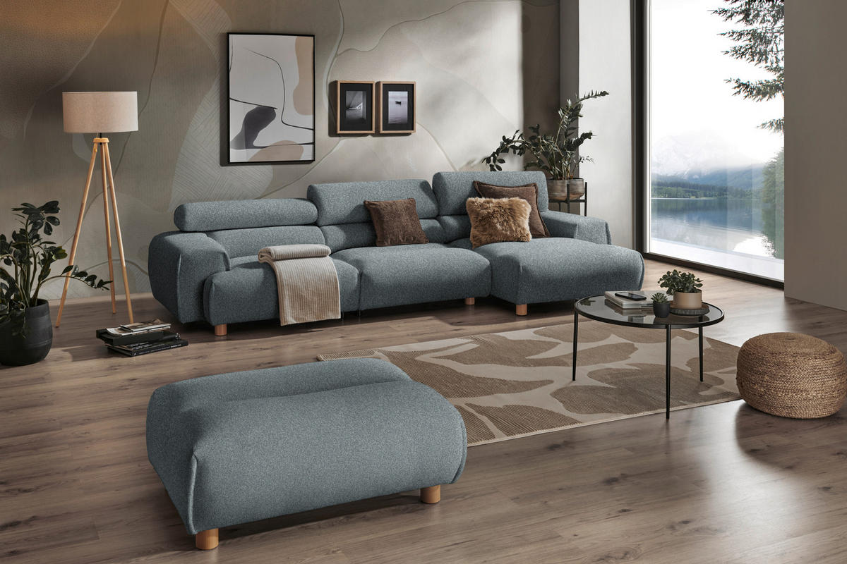 ECKSOFA in Velours Blaugrau  - Buchefarben/Blaugrau, Design, Holz/Textil (329/150cm) - Lomoco