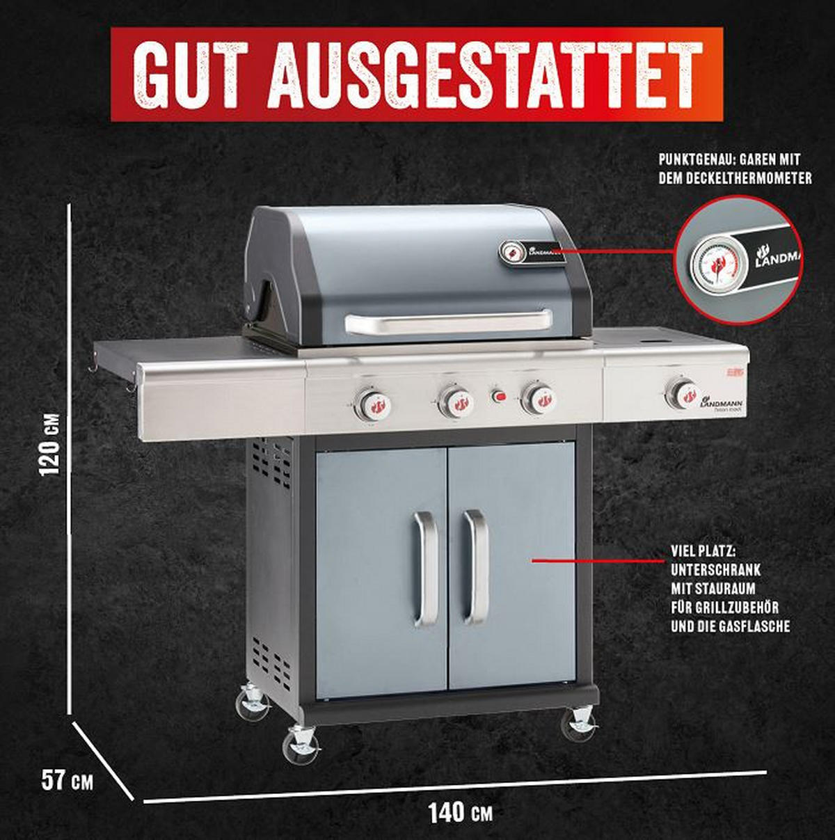 GASGRILL  Grau, Schwarz  - Schwarz/Grau, Basics, Metall (140/120/57cm) - Landmann