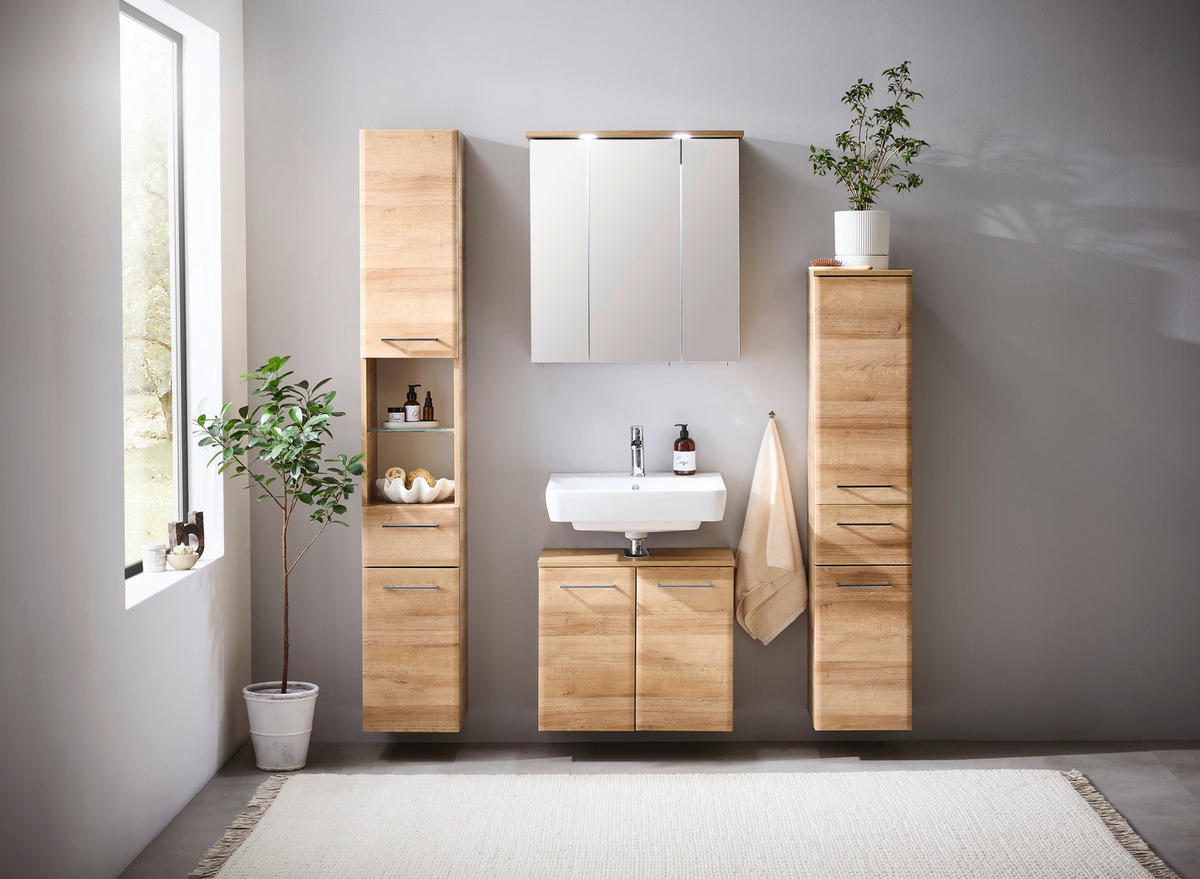 TÜKRÖS SZEKRÉNY 65/72/20 cm  - krómszínű/tölgyfa színű, Konventionell, faalapú anyag/üveg (65/72/20cm) - Xora