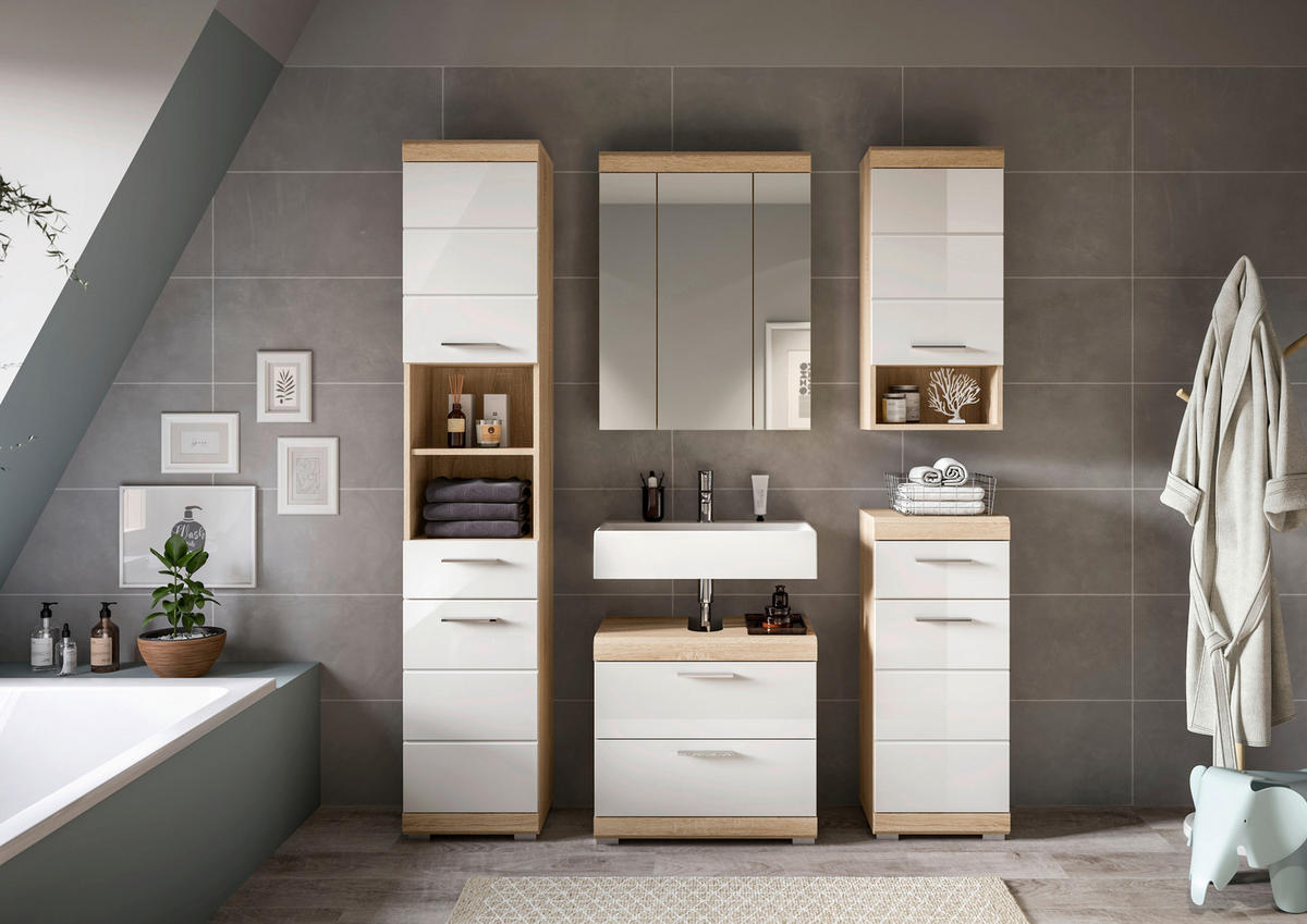 BADEZIMMER 5-teilig  in 134 cm  - Weiß Hochglanz/Silberfarben, MODERN, Glas/Holzwerkstoff (134cm) - MID.YOU