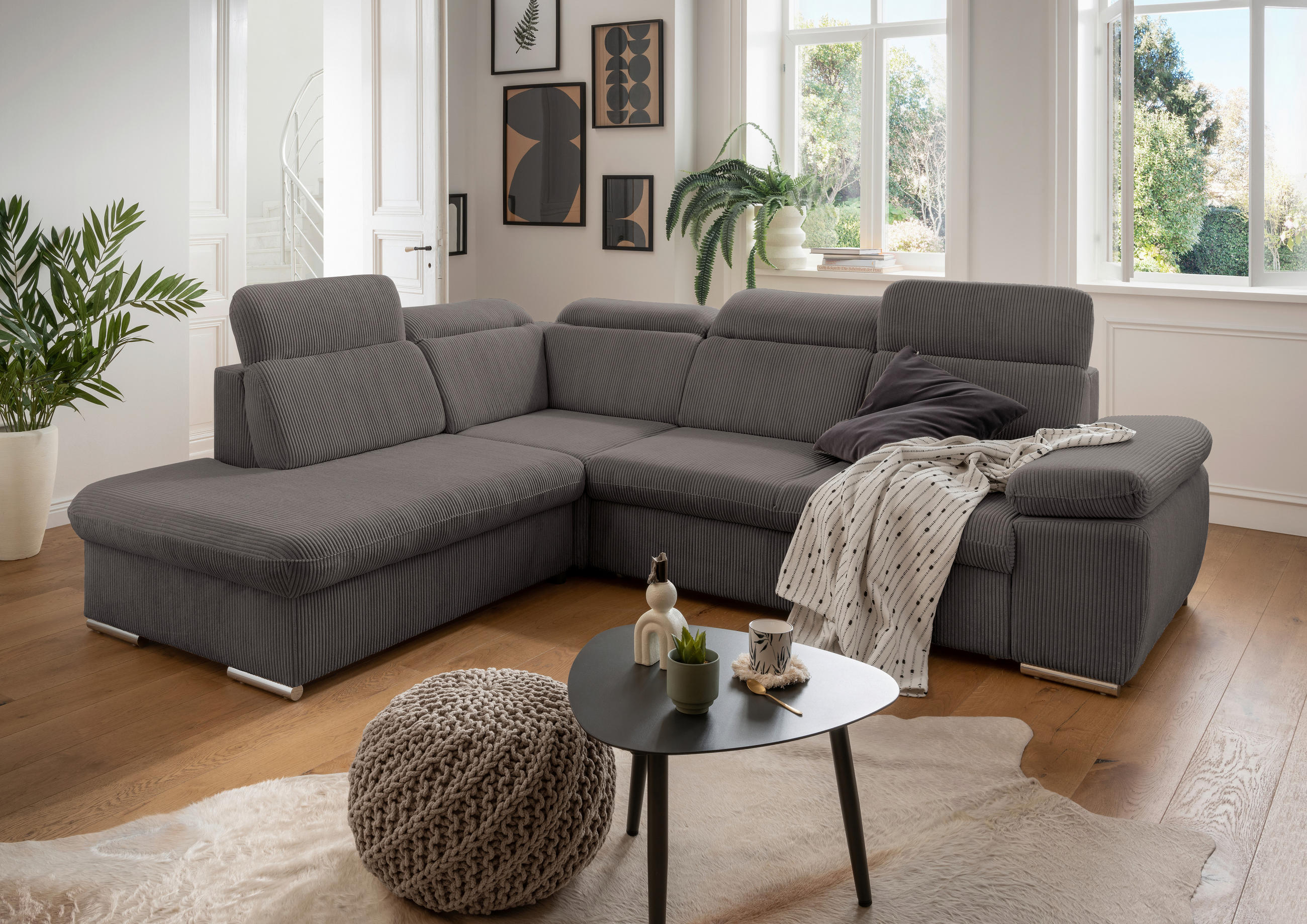 ECKSOFA in Cord Grau  - Chromfarben/Grau, Design, Textil/Metall (228/283cm) - Livetastic