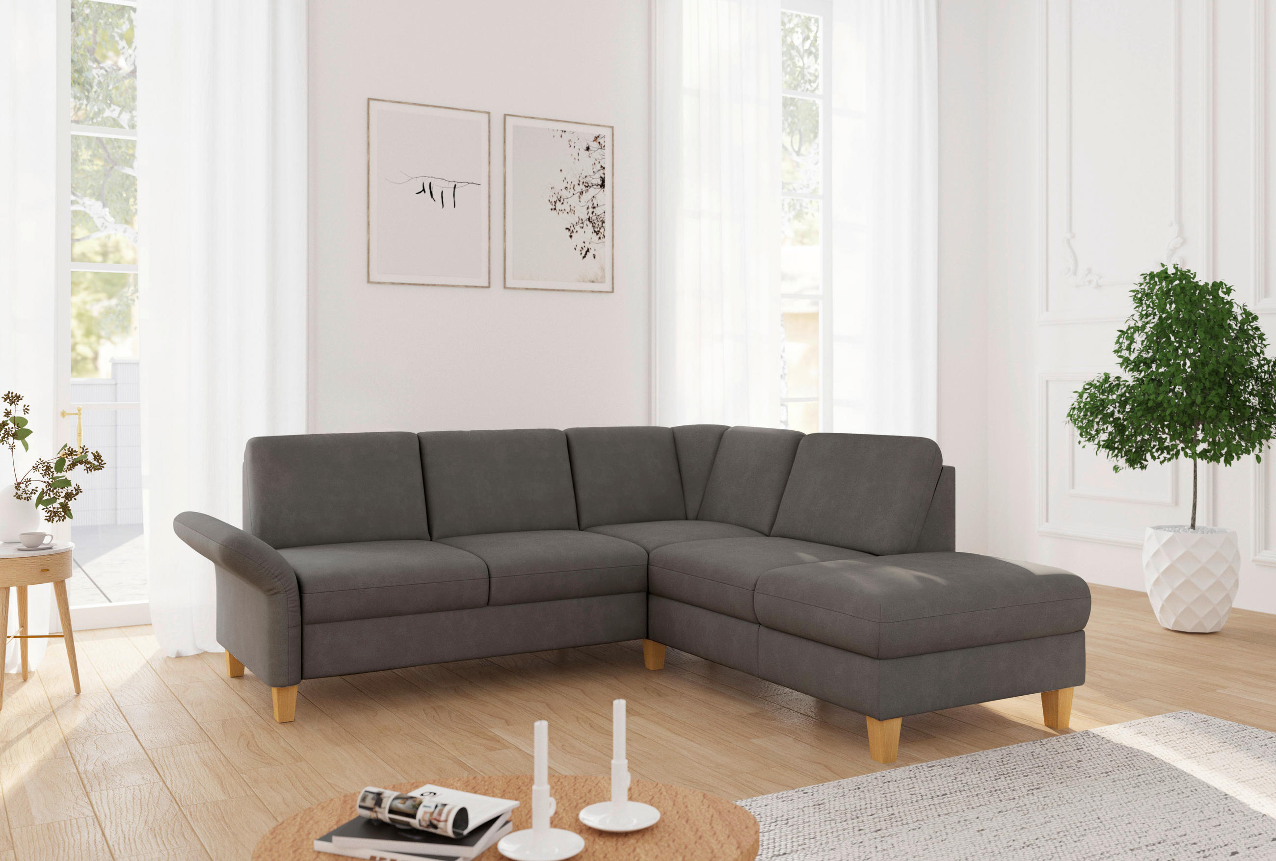 ECKSOFA ROCHELLE E Graphitfarben Flachgewebe  - Eichefarben/Graphitfarben, KONVENTIONELL, Holz/Textil (240/216cm) - Sit & More
