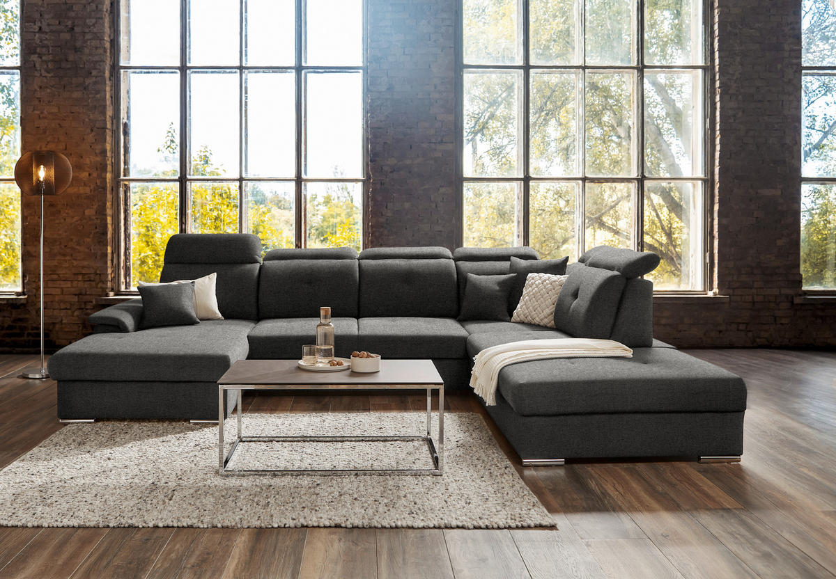WOHNLANDSCHAFT in Flachgewebe Graubraun  - Graubraun/Silberfarben, Design, Kunststoff/Textil (187/365/263cm) - Cantus