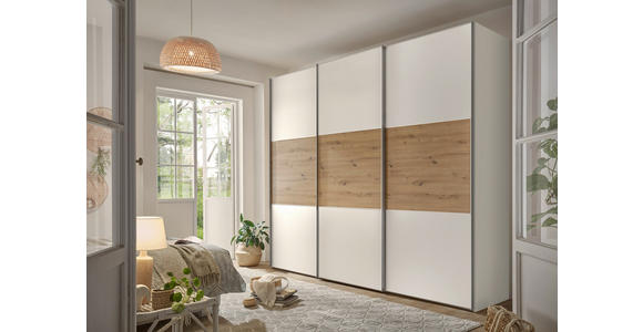 SCHWEBETÜRENSCHRANK 3-türig Weiß, Eiche Artisan - Alufarben/Weiß, Holzwerkstoff/Metall (298/222/68cm) - Moderano