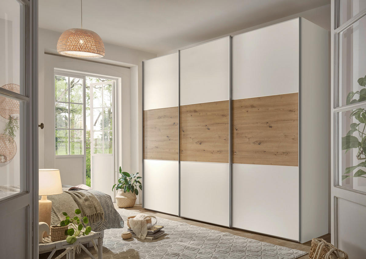 SCHWEBETÜRENSCHRANK in Weiss, Eiche Artisan  - Weiss/Alufarben, Holzwerkstoff/Metall (249/222/68cm) - Moderano
