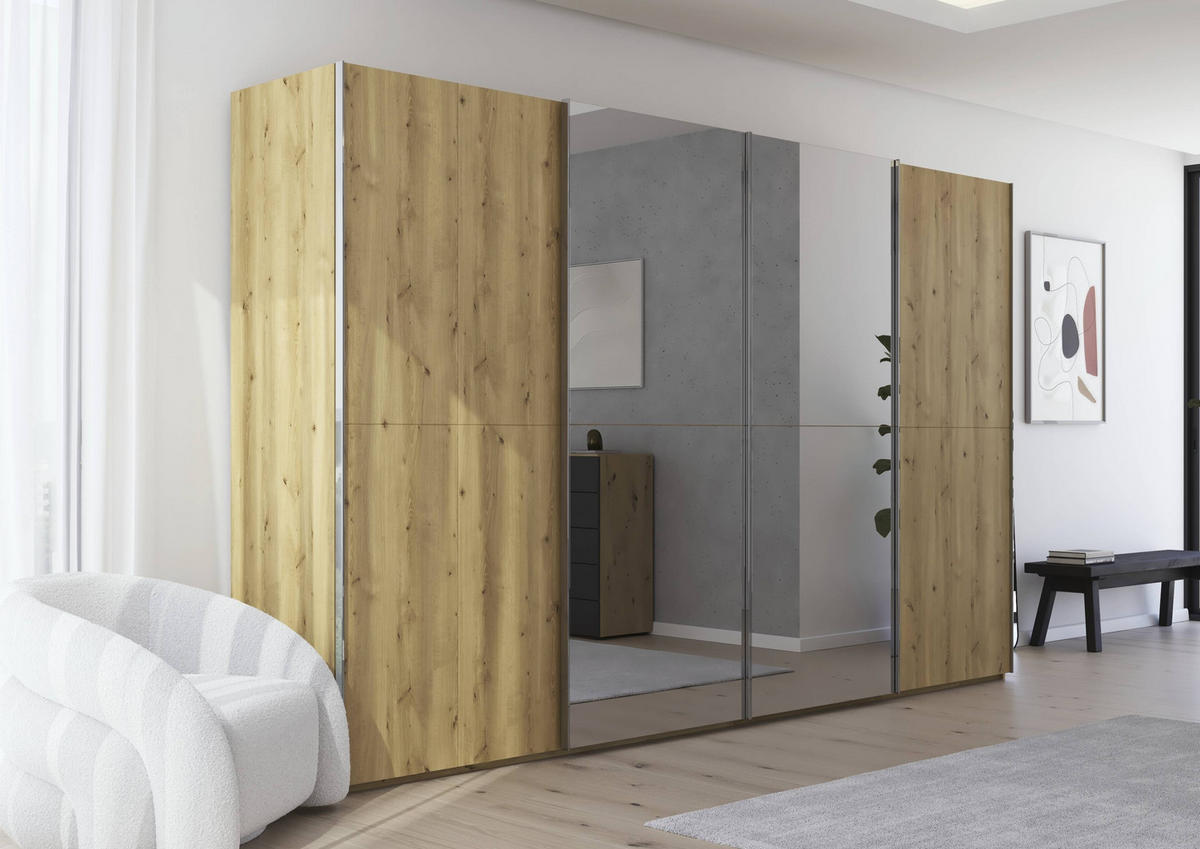 SCHWEBETÜRENSCHRANK 360/223/68 cm 4-türig Eichefarben  - Chromfarben/Eichefarben, Design, Holz/Holzwerkstoff (360/223/68cm) - Novel