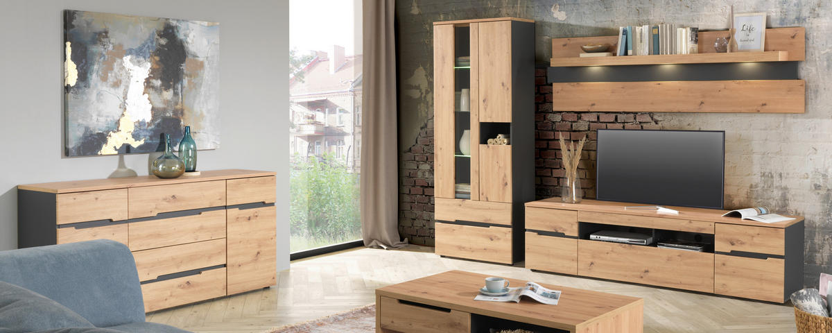 TV-ELEMENT Graphitfarben, Eiche Artisan  192/53/47 cm  - Schwarz/Graphitfarben, Trend, Holzwerkstoff/Kunststoff (192/53/47cm) - Carryhome