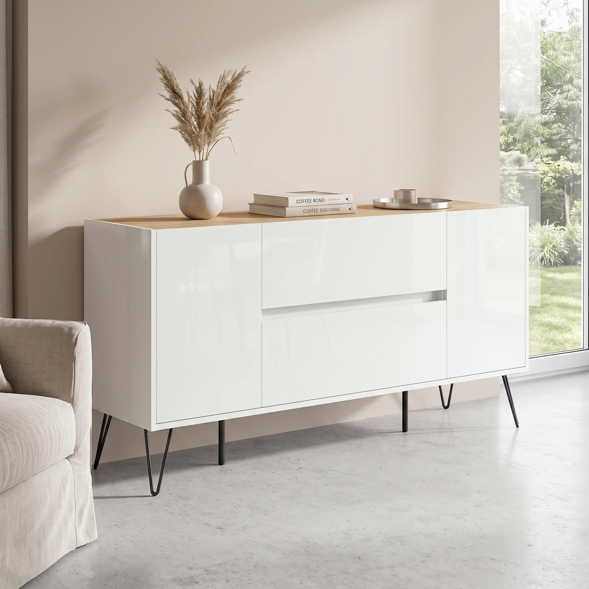 SIDEBOARD Posseik Industrial 155/75,8/42 cm 2 Schublade(n)  - Weiß Hochglanz/Schwarz, Design, Holzwerkstoff/Metall (155/75,8/42cm) - MID.YOU