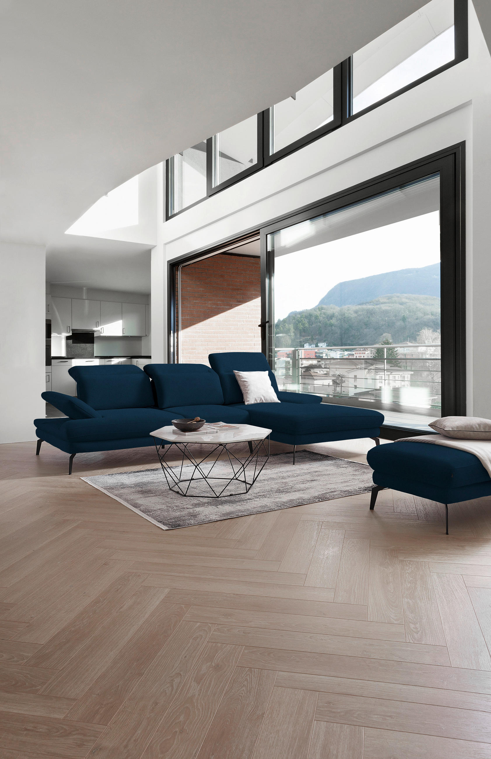 ECKSOFA in Flachgewebe Dunkelblau  - Schwarz/Dunkelblau, Design, Textil/Metall (289/180cm) - Stylife