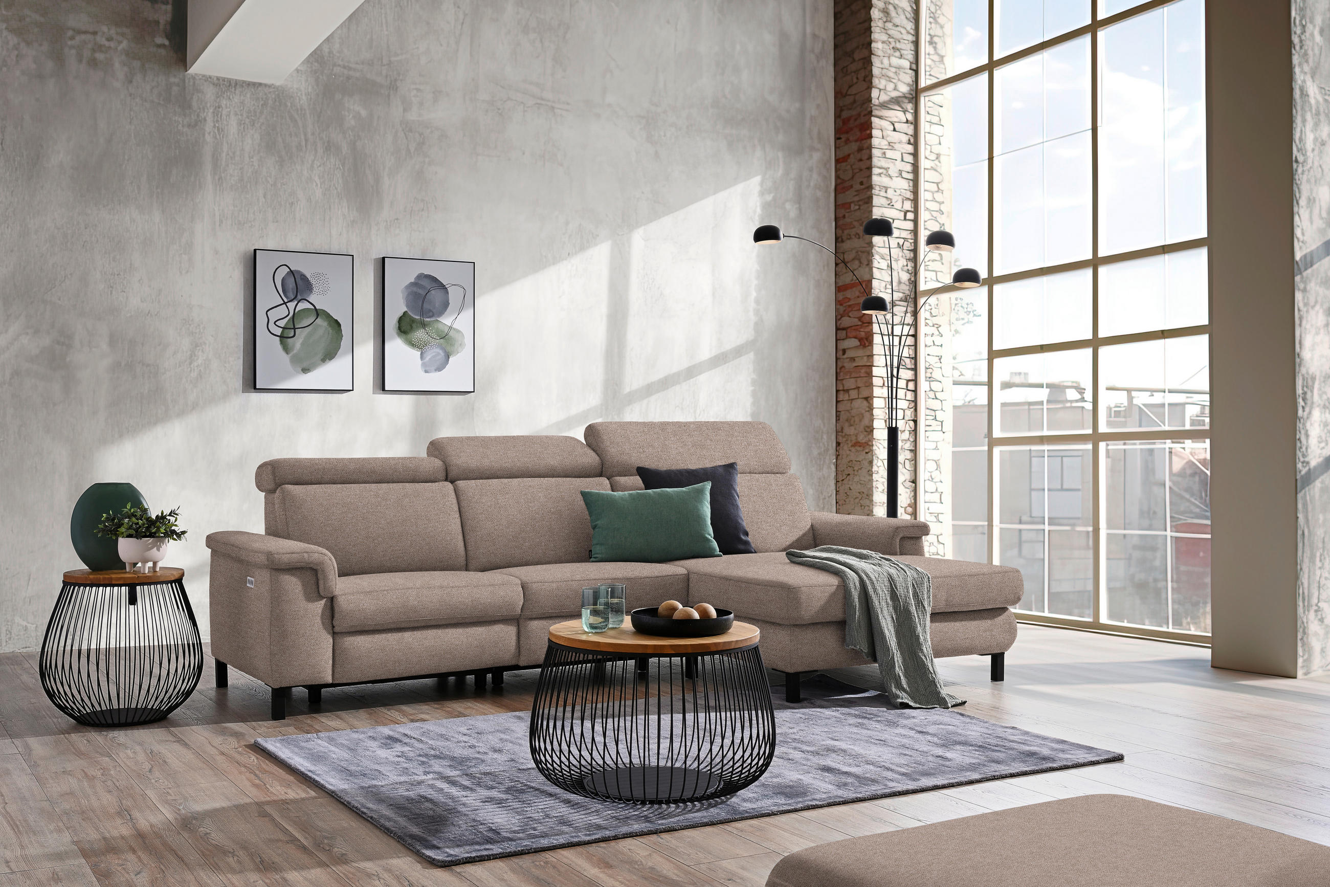 ECKSOFA in Flachgewebe Taupe  - Taupe/Schwarz, Konventionell, Textil/Metall (304/182cm) - Pure Home Comfort