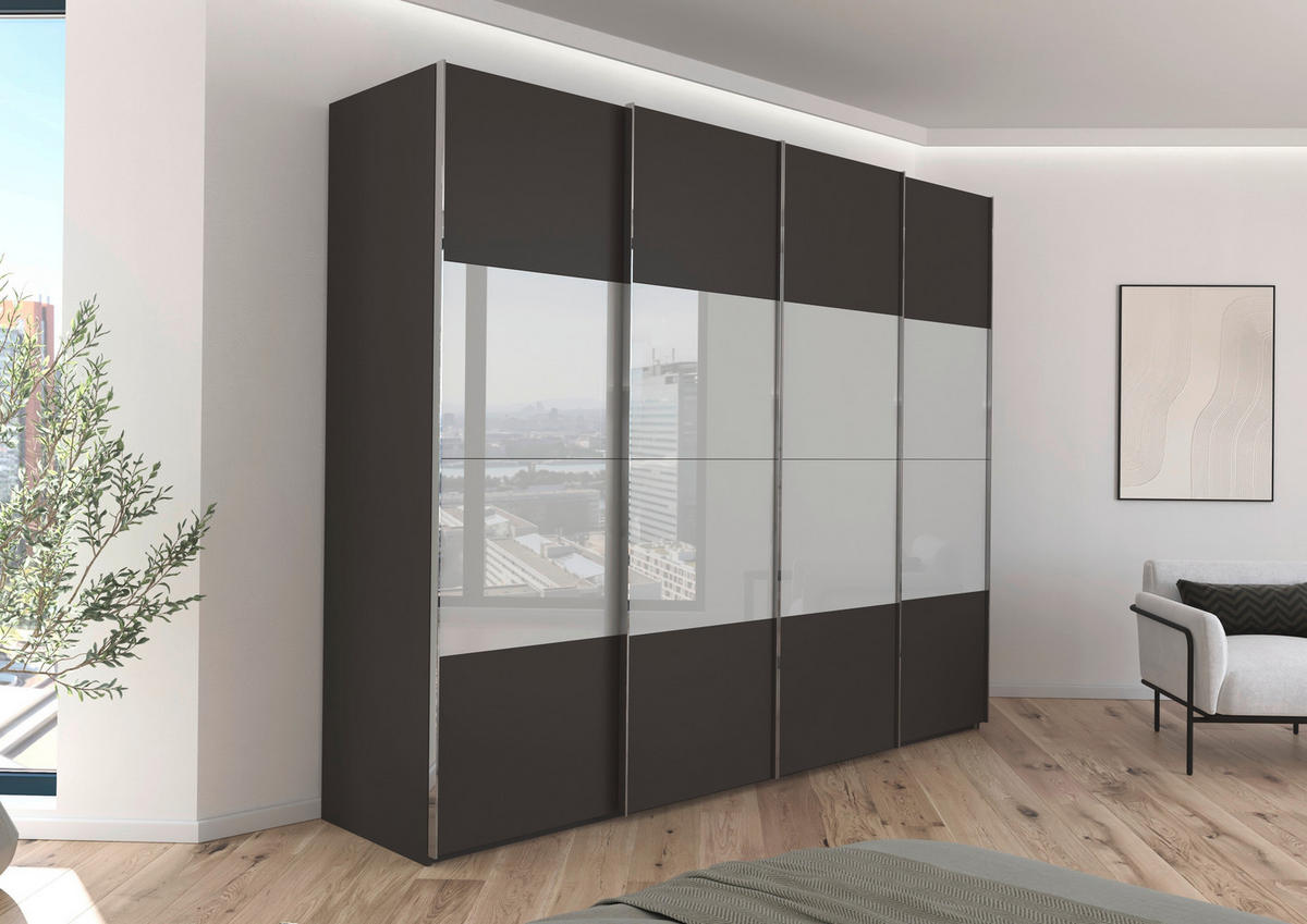 SCHWEBETÜRENSCHRANK 271/223/68 cm 4-türig Graphitfarben, Grau  - Chromfarben/Graphitfarben, KONVENTIONELL, Glas/Holzwerkstoff (271/223/68cm) - Novel