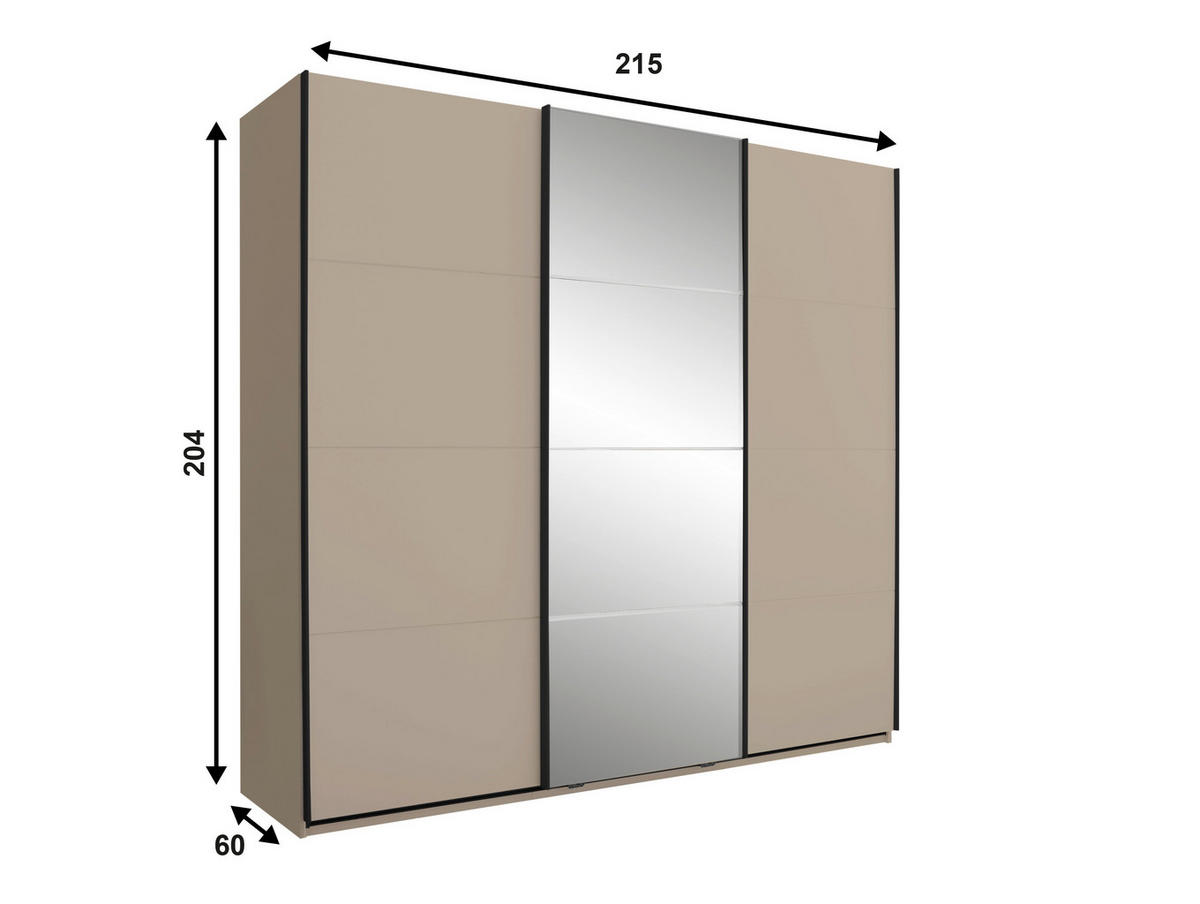 SCHWEBETÜRENSCHRANK 215/204/60 cm 3-türig Kaschmir  - Kaschmir/Schwarz, KONVENTIONELL, Glas/Holzwerkstoff (215/204/60cm) - Boxxx
