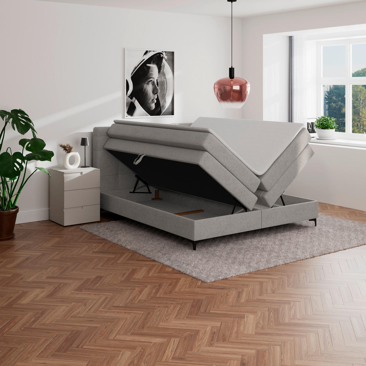 BOXSPRINGBETT 200/200 cm,  in Lavagrau, H3 = fest  - Lavagrau/Schwarz, KONVENTIONELL, Kunststoff/Textil (200/200cm)