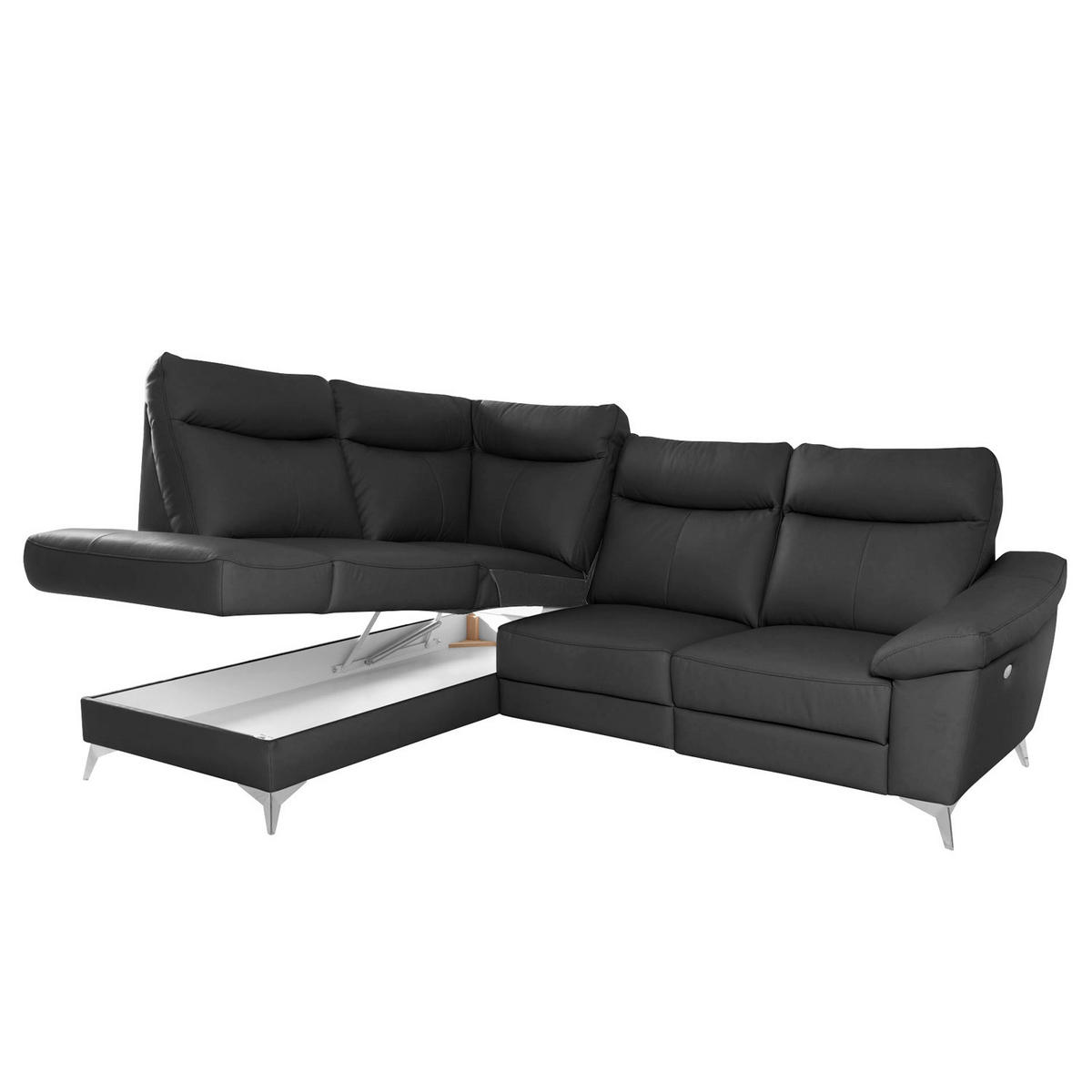 ECKSOFA Schwarz Echtleder Lederlook  - Chromfarben/Schwarz, Design, Leder/Textil (194/242cm) - Livetastic