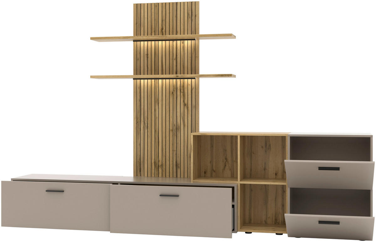 DNEVNI REGAL,   - barve hrasta, Design, umetna masa/leseni material (296/190/40cm) - Hom`in