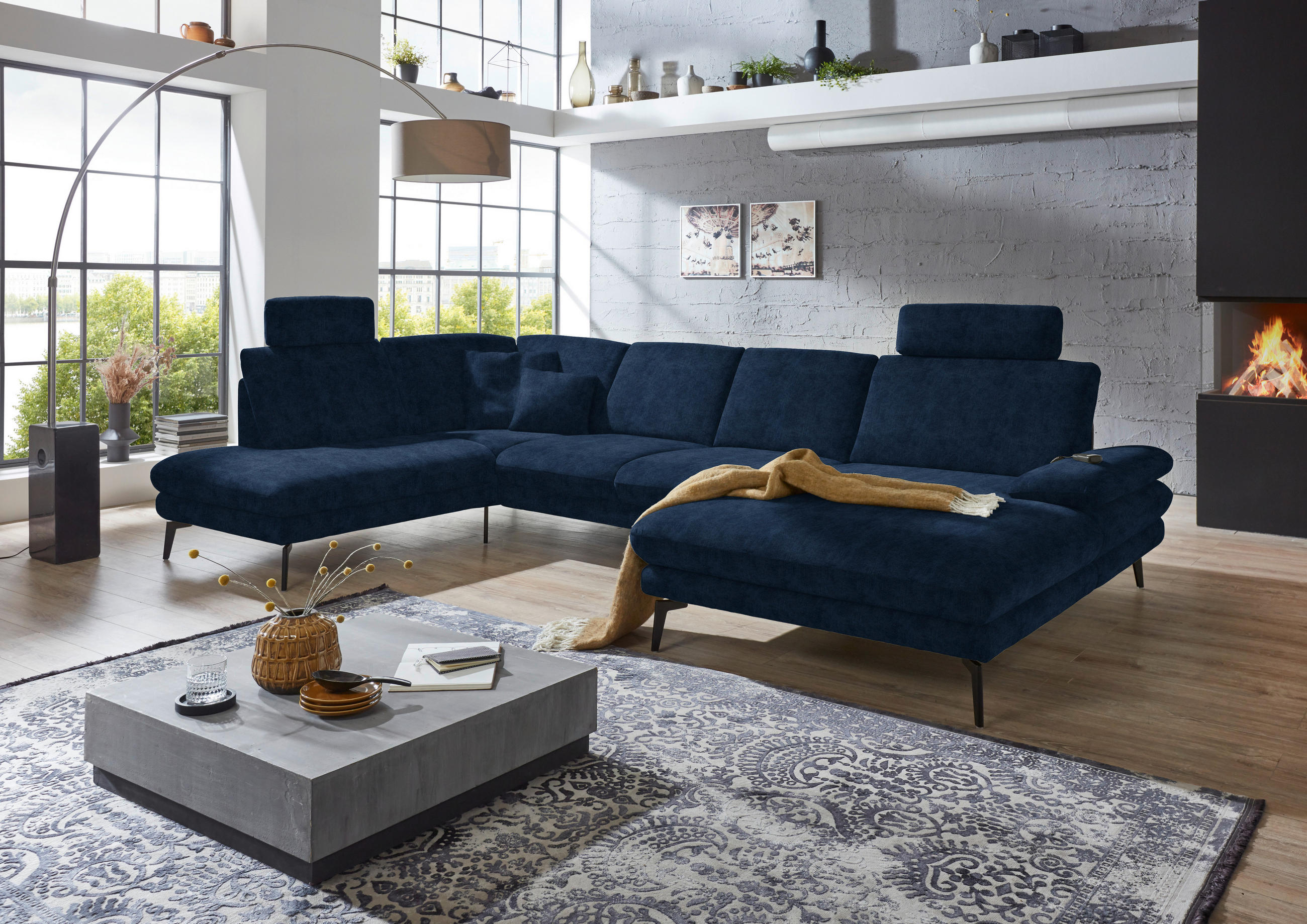 WOHNLANDSCHAFT in Velours Dunkelblau  - Schwarz/Dunkelblau, Design, Textil/Metall (208/344/180cm) - Dieter Knoll