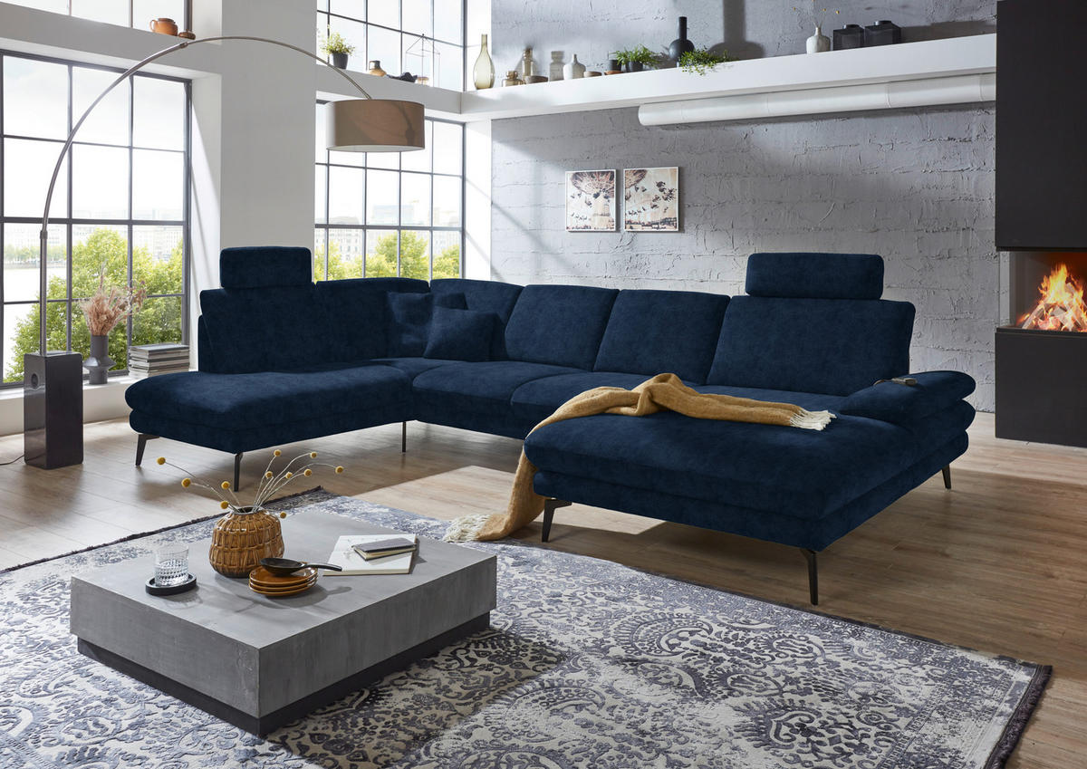 WOHNLANDSCHAFT in Velours Dunkelblau  - Schwarz/Dunkelblau, Design, Textil/Metall (208/344/180cm) - Dieter Knoll