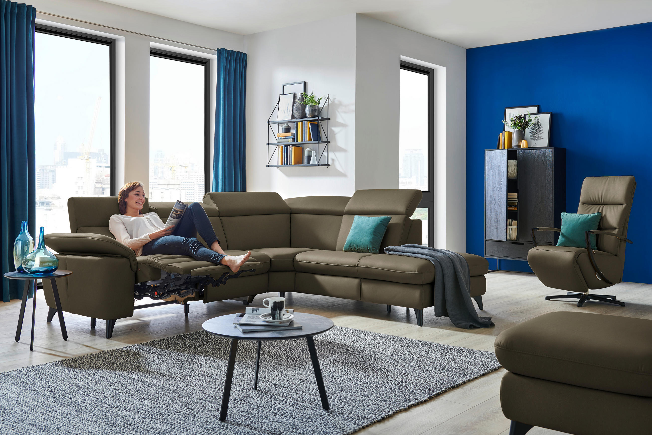 ECKSOFA in Echtleder Olivgrün  - Schwarz/Olivgrün, Design, Leder/Metall (285/239cm) - Cantus