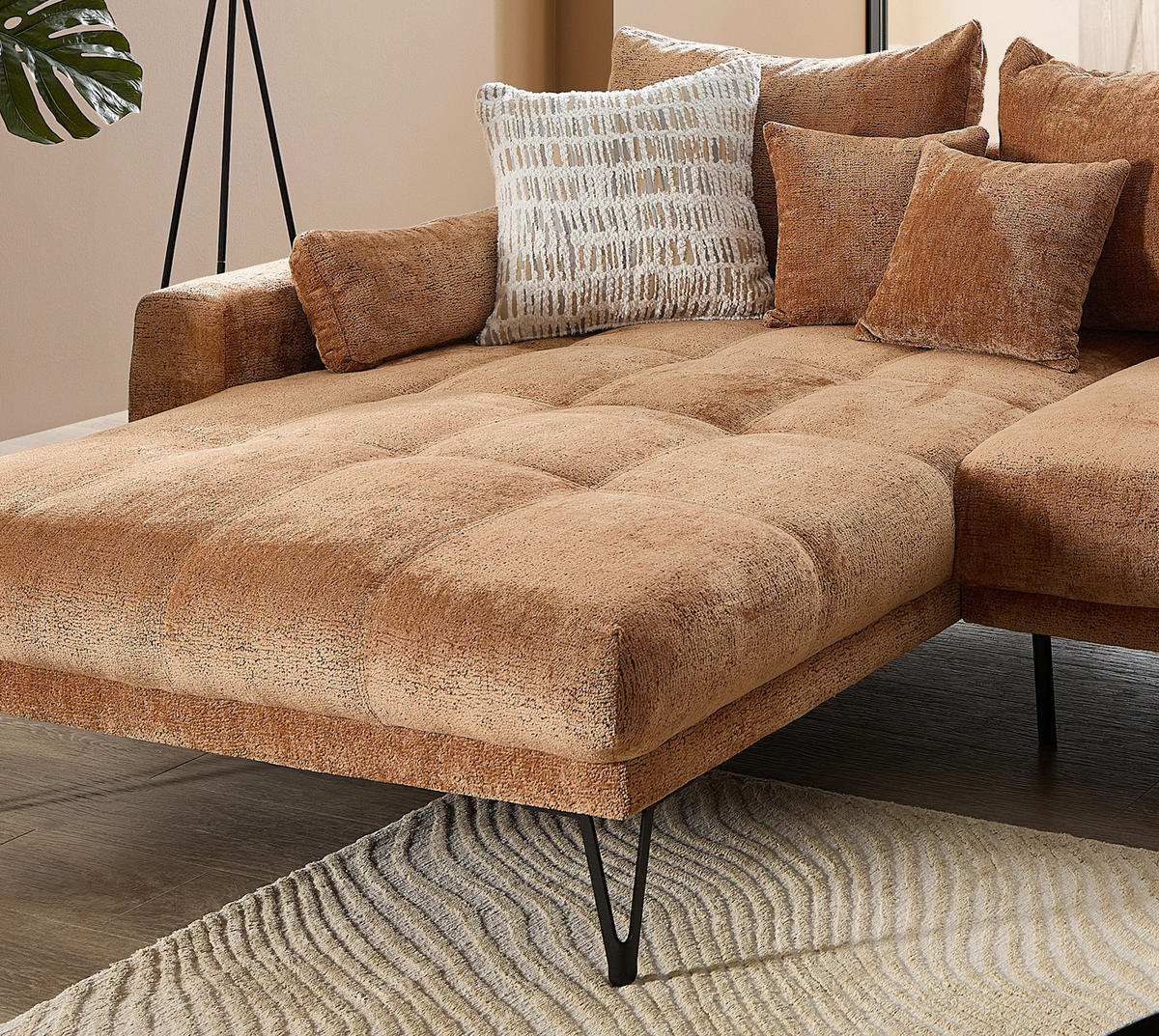ECKSOFA GARDA in Chenille Koralle Zierkissen, Rückenkissen, Nierenkissen, Rücken echt  192/310 cm  - Koralle/Schwarz, KONVENTIONELL, Textil/Metall (192/310cm) - Livetastic