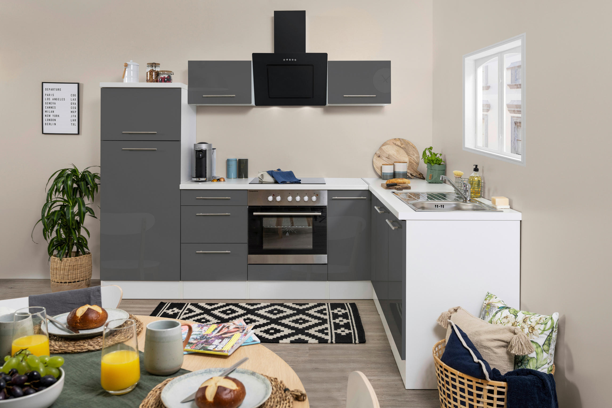 ECKKÜCHE 260/200 cm Grau, Weiß E-Geräte, Spüle, Soft-Close-System, Geschirrspülerblende, Ab- und Überlaufgarnitur - Alufarben/Weiß, KONVENTIONELL (260/200cm) - Respekta