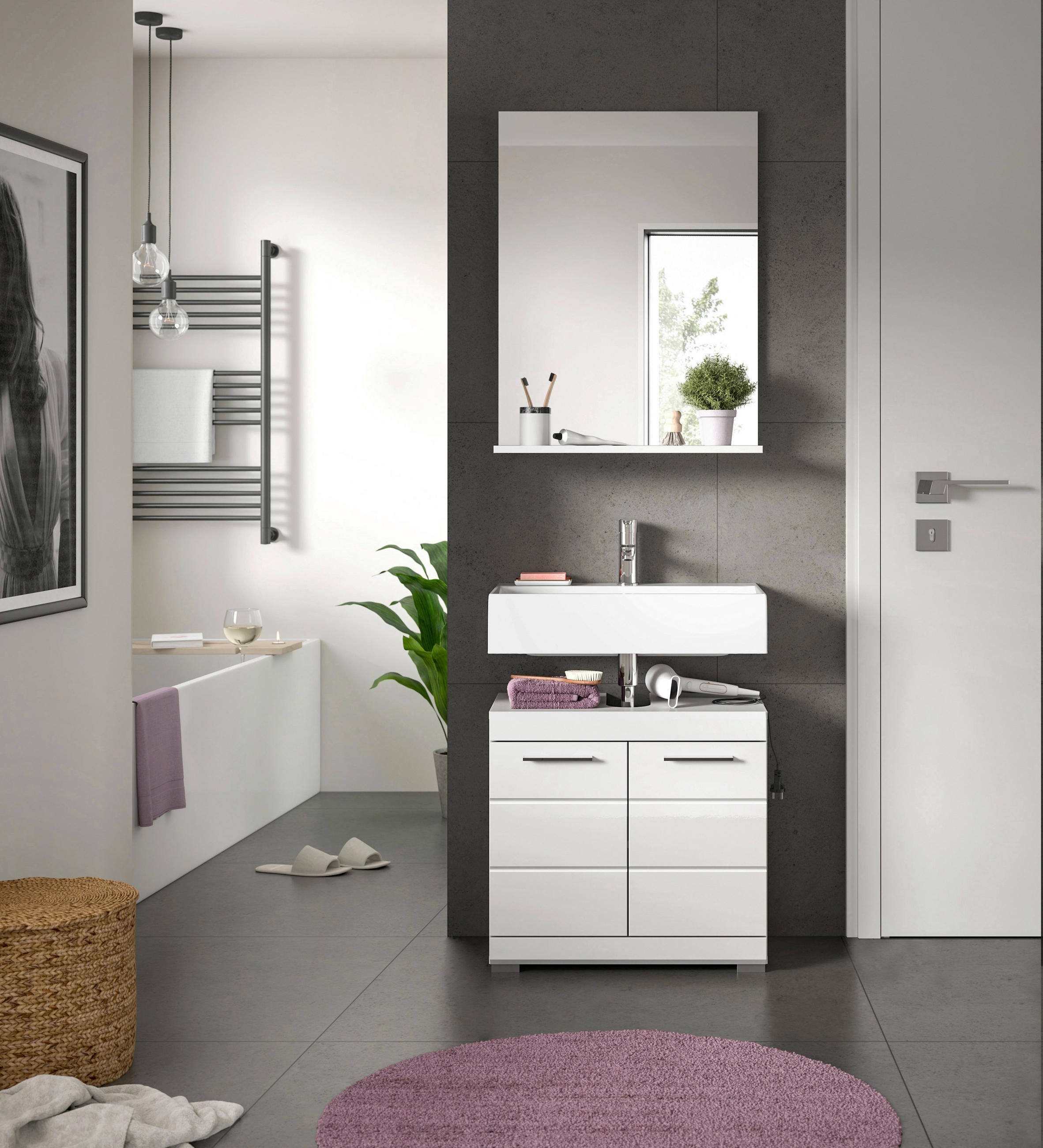 BADEZIMMER 2-teilig  in 60 cm  - Weiß Hochglanz/Silberfarben, MODERN, Glas/Holzwerkstoff (60cm) - MID.YOU