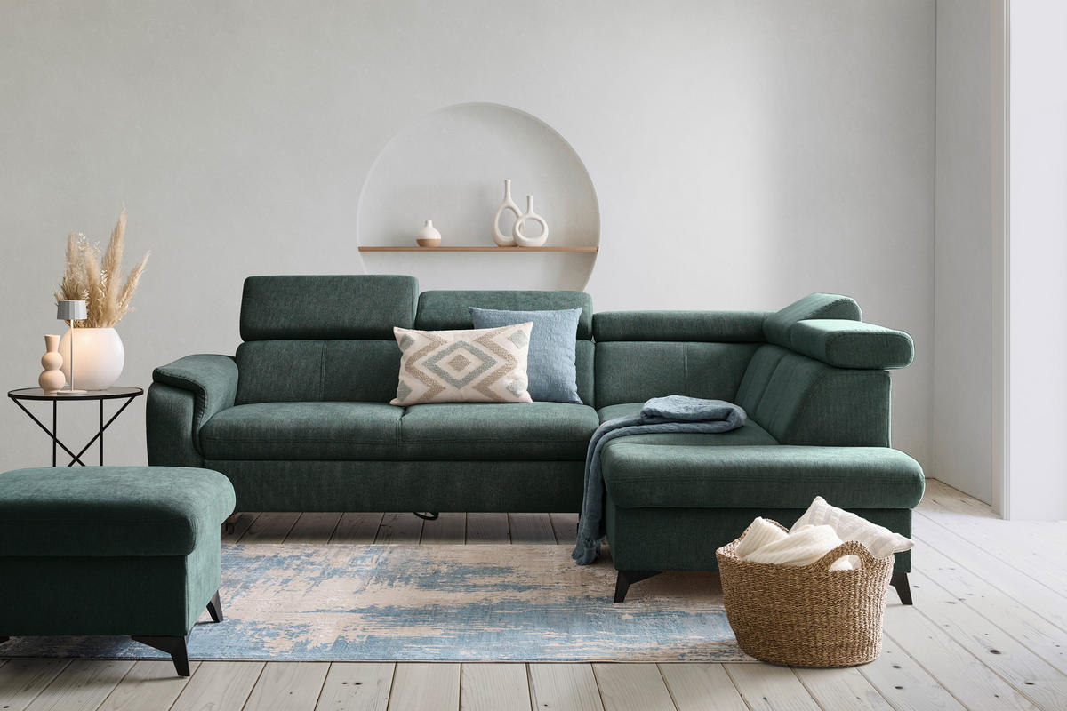 Ecksofa inkl. Funktionen in Chenille Petrol, Dunkelgrün  - Dunkelgrün/Petrol, Design, Textil/Metall (260/203cm) - Stylife