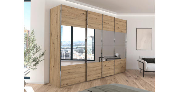 SCHWEBETÜRENSCHRANK  in Eiche Artisan  - Chromfarben/Eiche Artisan, Design, Glas/Holzwerkstoff (316/235/68cm) - Novel