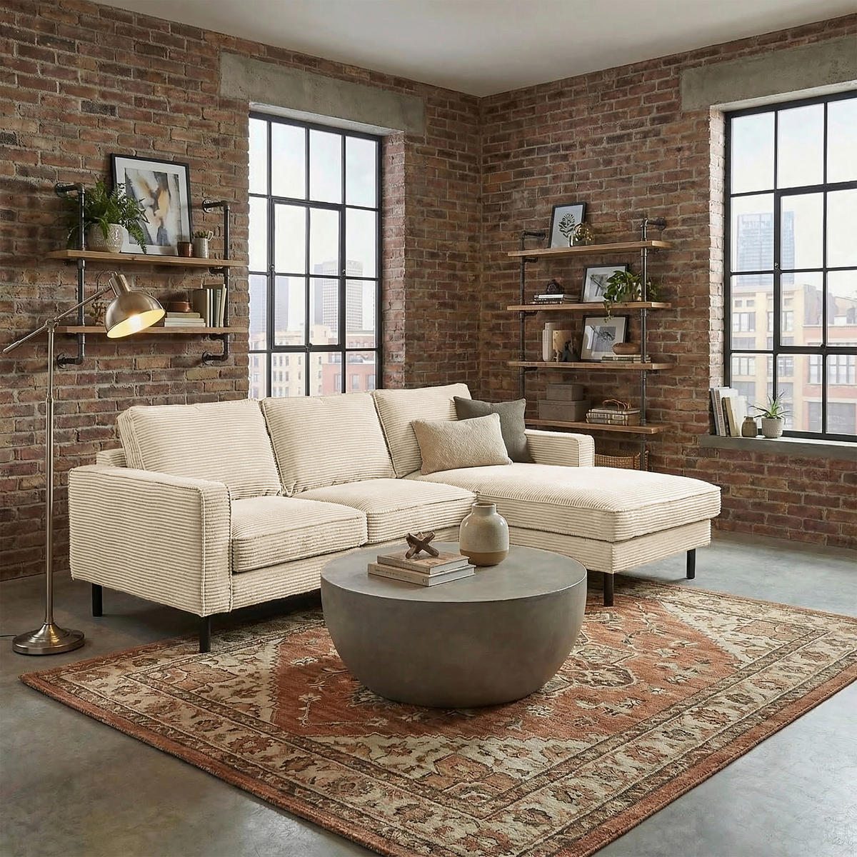 ECKSOFA  in Cord Beige Rücken echt  238/166 cm  - Beige/Schwarz, Design, Textil/Metall (238/166cm) - Livetastic
