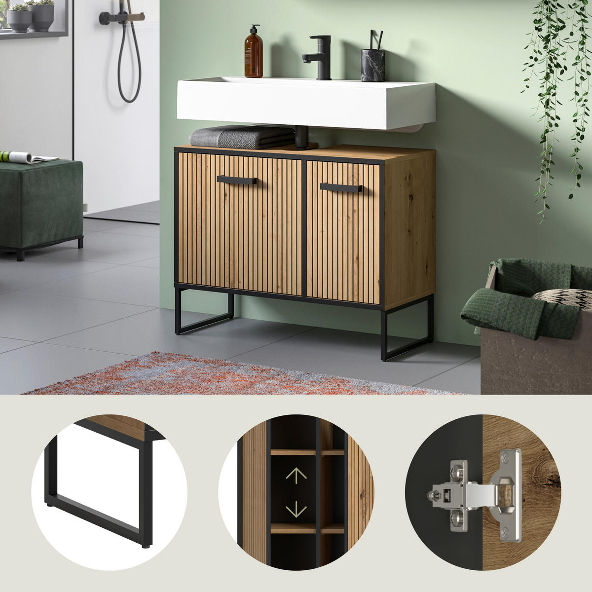 TVÄTTSTÄLLSUNDERSKÅP 80/63/36 cm  - ek Artisan/svart, Trend, metall/trämaterial (80/63/36cm) - MID.YOU