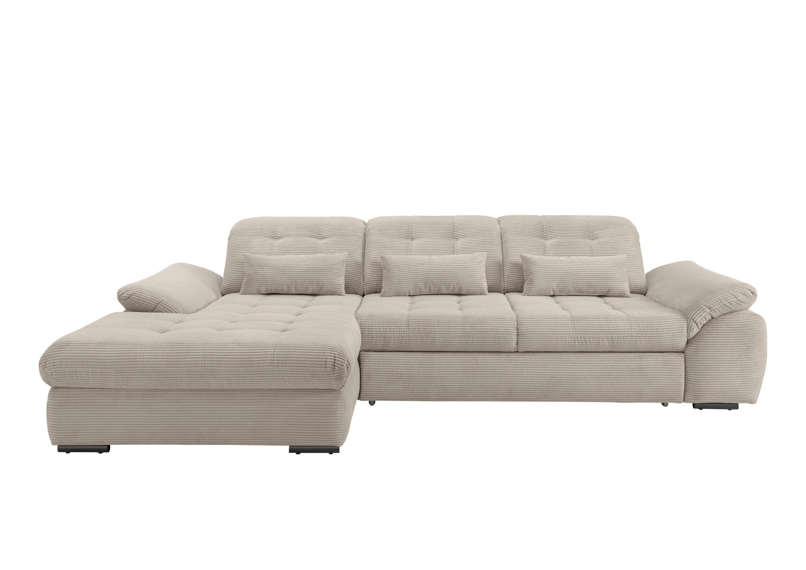 ECKSOFA Beige Cord Nierenkissen, Bettkasten, Schlaffunktion, Rücken echt, Kopfteilverstellung, Sitztiefenverstellung, Liegefläche im Originalstoff  - Beige/Schwarz, MODERN, Textil/Metall (184/314cm) - P & B