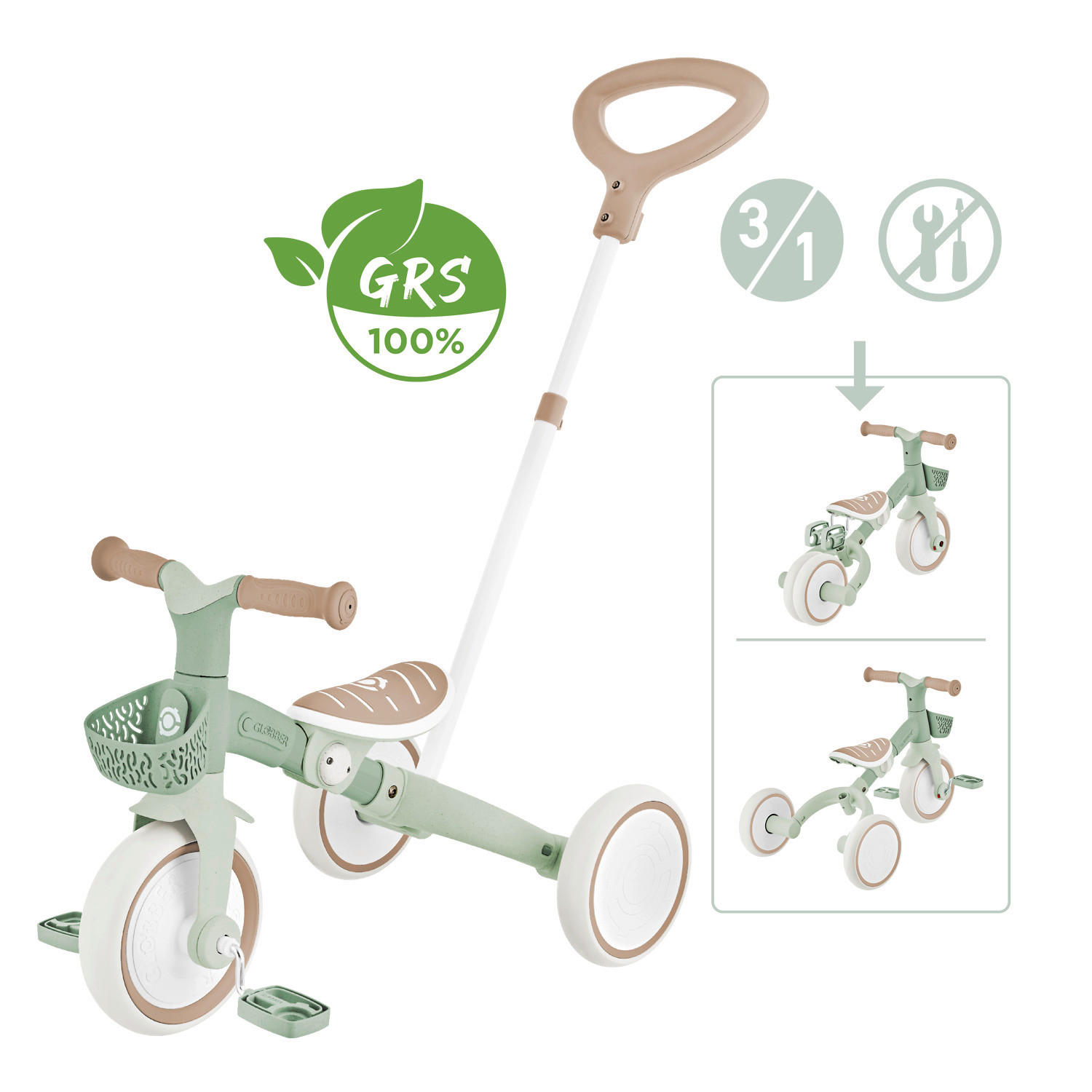 DREIRAD LEARNING TRIKE 2in1 PLUS ECO  - Salbeigrün, Basics, Kunststoff (62,2/42,1/84,3cm) - GLOBBER