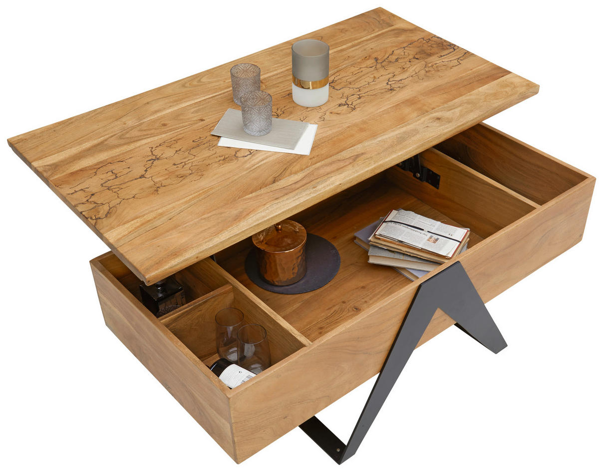COUCHTISCH Akazie massiv 115/60/45(59) cm rechteckig Schwarz, Akaziefarben  - Schwarz/Akaziefarben, MODERN, Holz/Metall (115/60/45(59)cm) - Livetastic