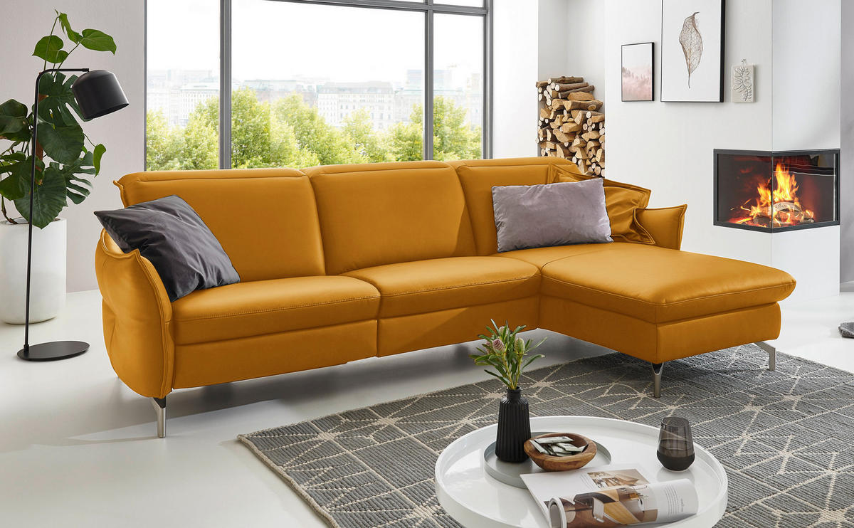 ECKSOFA in Echtleder Currygelb  - Currygelb/Nickelfarben, Modern, Leder/Metall (233/179cm) - Livetastic