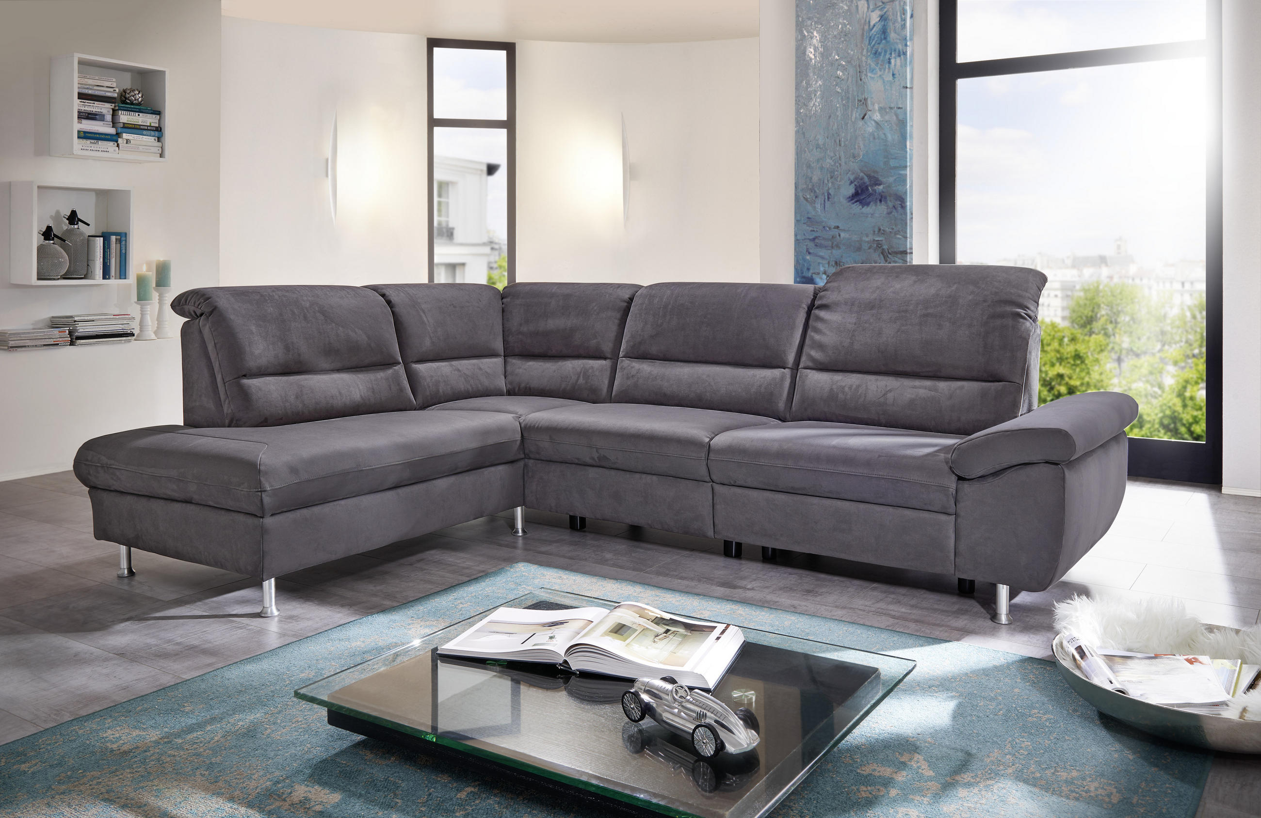 ECKSOFA Anthrazit Mikrofaser  - Anthrazit/Silberfarben, KONVENTIONELL, Textil/Metall (200/275cm) - Cantus