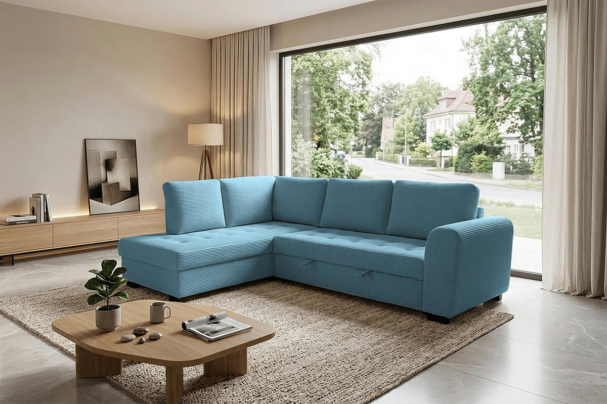 ECKSOFA JOHN Hellblau Cord Rückenkissen, Bettkasten, Liegefläche im Originalstoff  - Schwarz/Hellblau, Trend, Kunststoff/Textil (178/239cm) - P & B