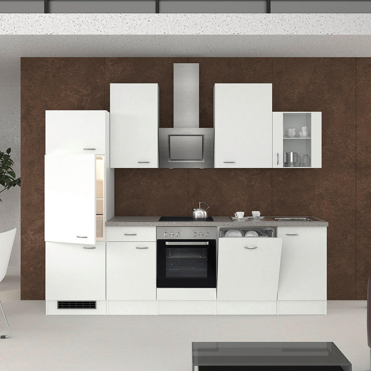 KÜCHENLEERBLOCK 280 cm   in Weiß  - Edelstahlfarben/Hellgrau, KONVENTIONELL, Holzwerkstoff/Kunststoff (280cm) - FlexWell