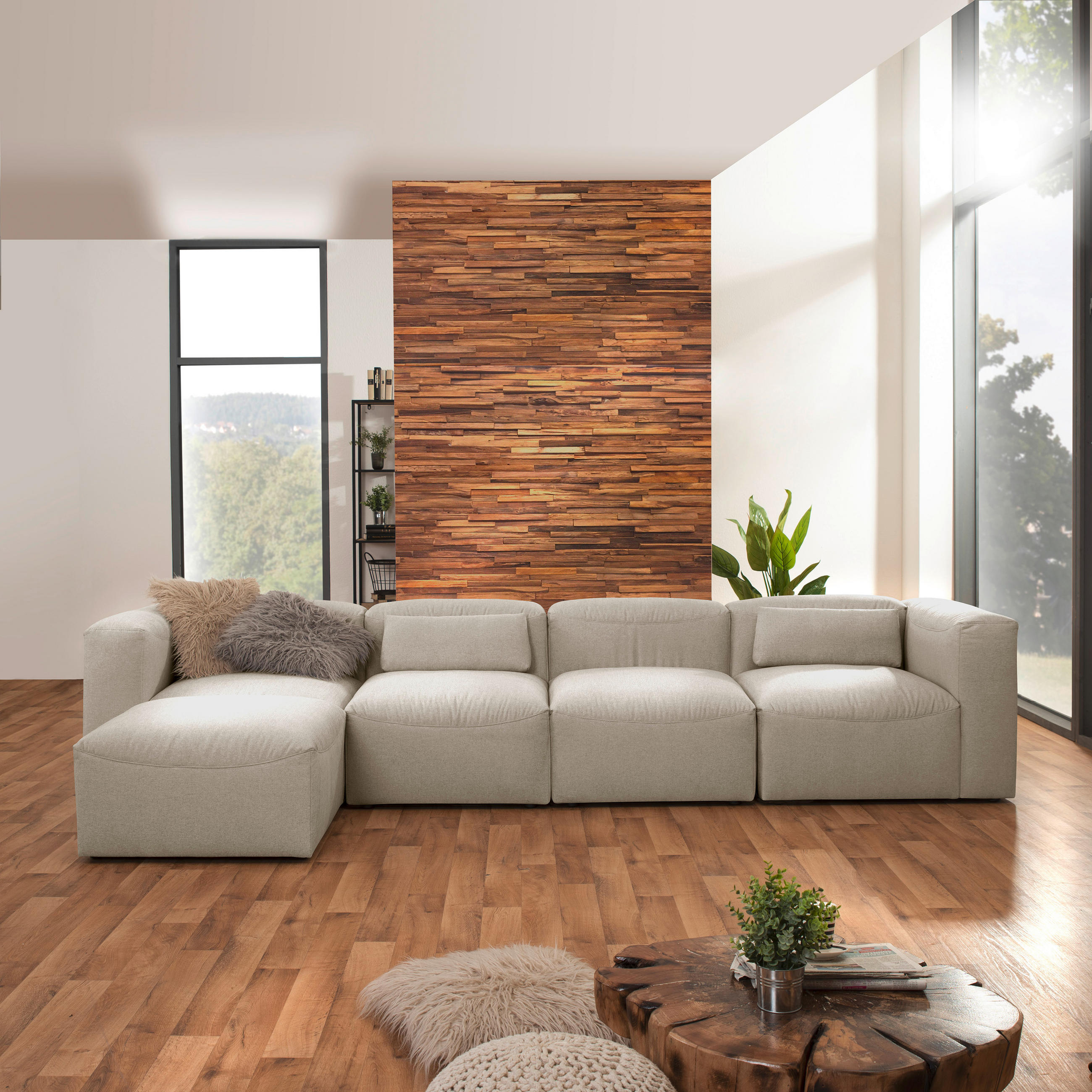 ECKSOFA LENA Creme Flachgewebe - Creme, Design, Kunststoff/Textil (350/73/100cm) - Max Winzer