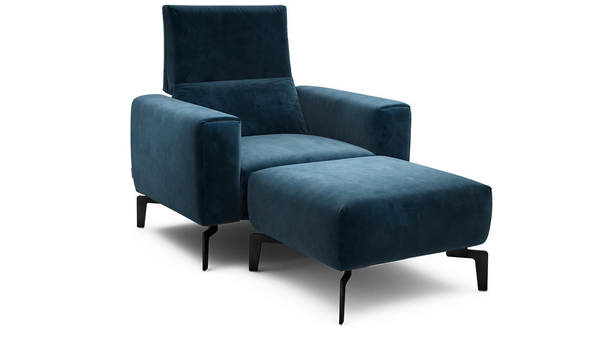 Sessel inkl. Hocker Samt    - Schwarz/Dunkelblau, Design, Textil/Metall (110/85/86-94cm) - SENSOO