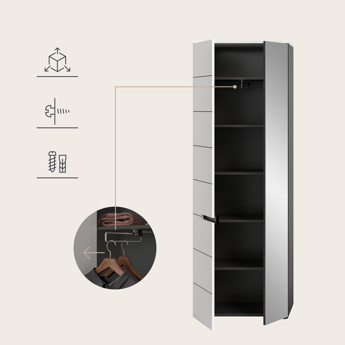 ELŐSZOBAFAL - fehér/szürke, Design, faalapú anyag (265/190/37cm) - Livetastic