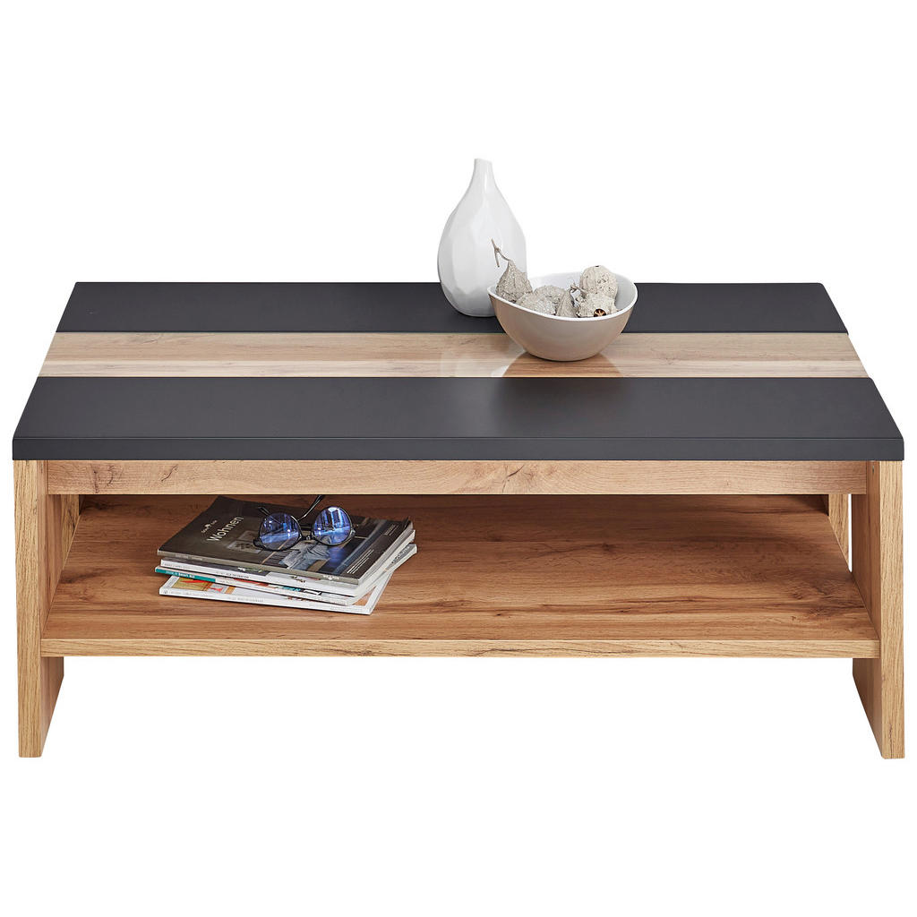 Thumbnail - Hom`in Couchtisch, Schwarz, Eiche, Glas, Holzwerkstoff, rechteckig, Wange, 65x40x110 cm, offenes Fach, Wohnzimmer, Wohnz...