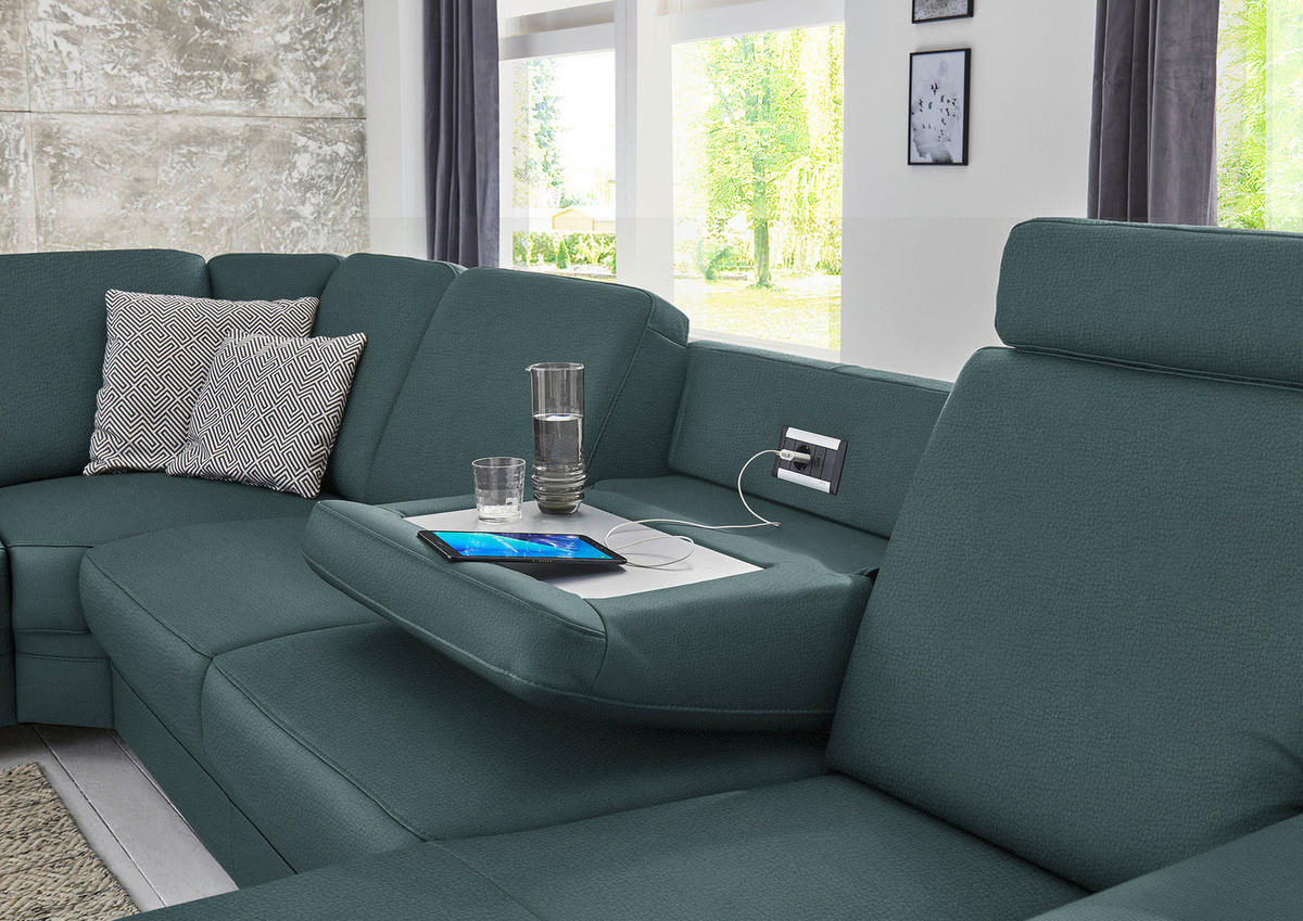 WOHNLANDSCHAFT Echtleder Graublau  - Graublau/Alufarben, Konventionell, Leder/Metall (239/329/165cm) - Beldomo Premium