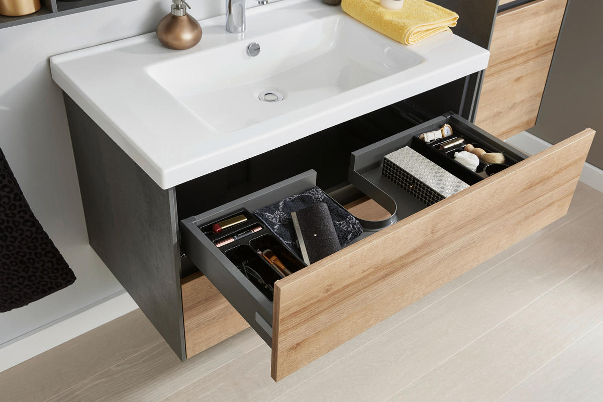 BADEZIMMER  in 91 cm  - Eichefarben/Dunkelgrau, KONVENTIONELL, Glas/Keramik (91cm) - Dieter Knoll