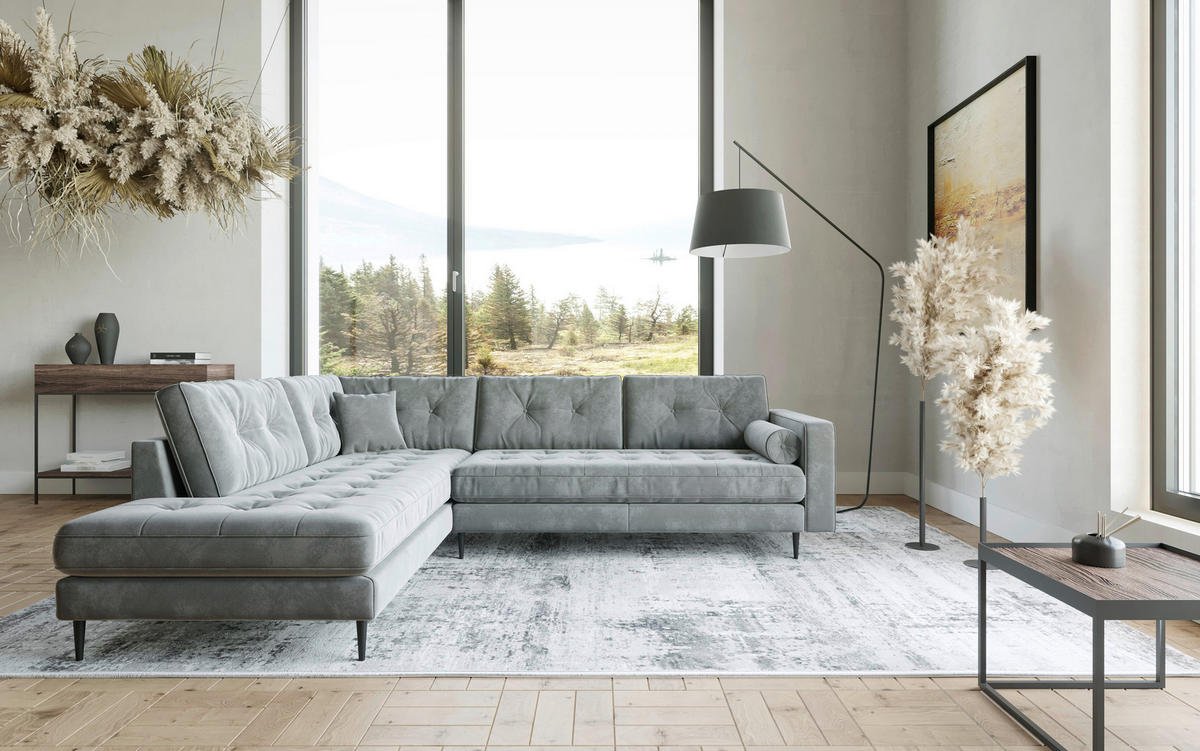 ECKSOFA in Flachgewebe Blaugrau  - Edelstahlfarben/Anthrazit, Design, Textil/Metall (259/205cm) - Livetastic