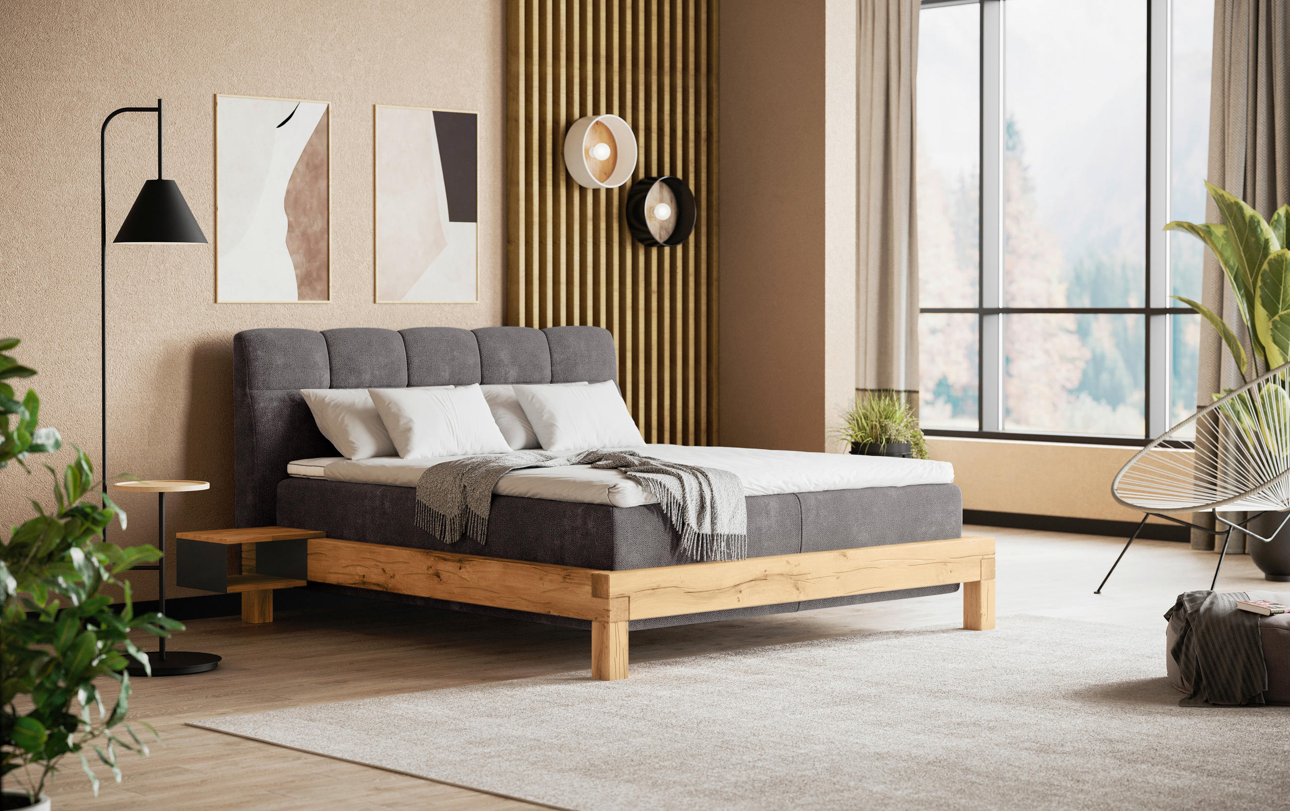 BOXSPRINGBETT 160/200 cm  in Dunkelgrau  - Dunkelgrau/Buchefarben, Natur, Holz/Textil (160/200cm) - Livetastic