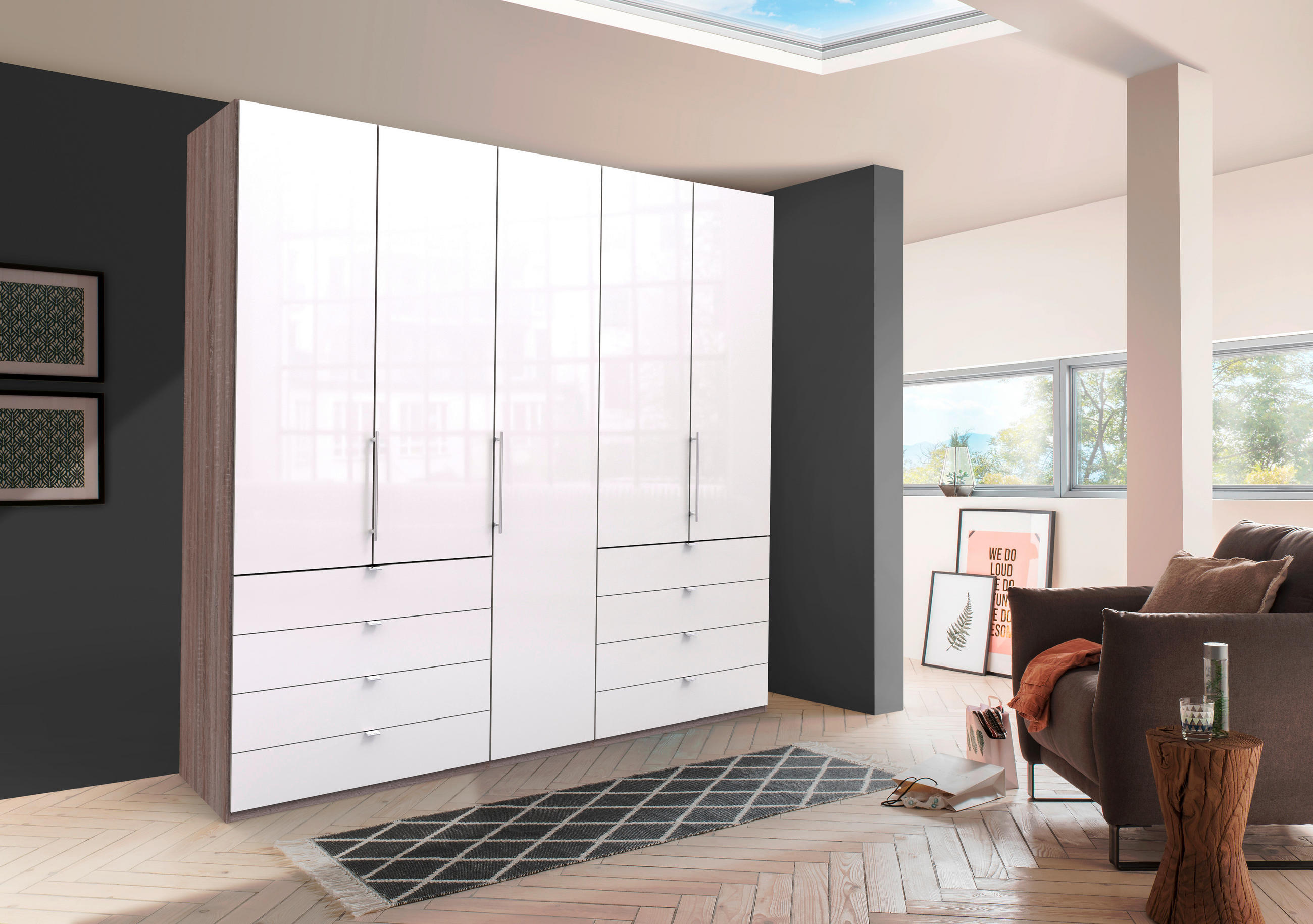 FALTTÜRENSCHRANK 250/236/58 cm 3-türig Weiß, Trüffeleichefarben  - Chromfarben/Trüffeleichefarben, KONVENTIONELL, Glas/Holzwerkstoff (250/236/58cm) - Venda