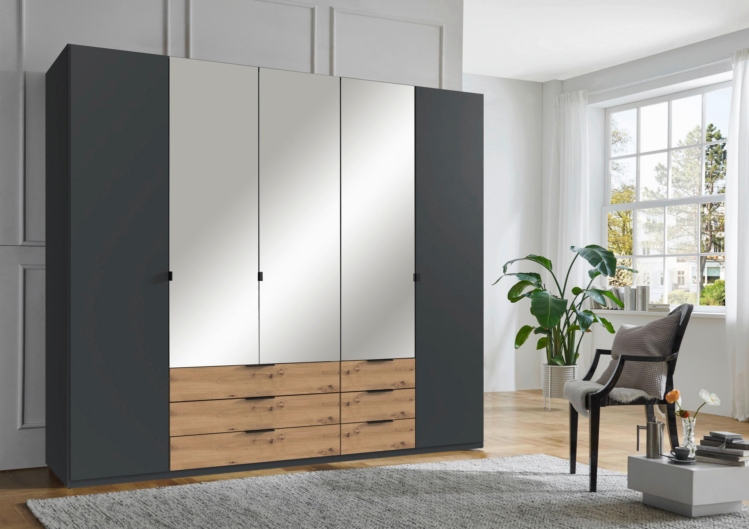 KLEIDERSCHRANK 225/208/58 cm 5-türig Graphitfarben, Eiche Artisan  - Schwarz/Graphitfarben, Design, Glas/Holzwerkstoff (225/208/58cm) - Boxxx