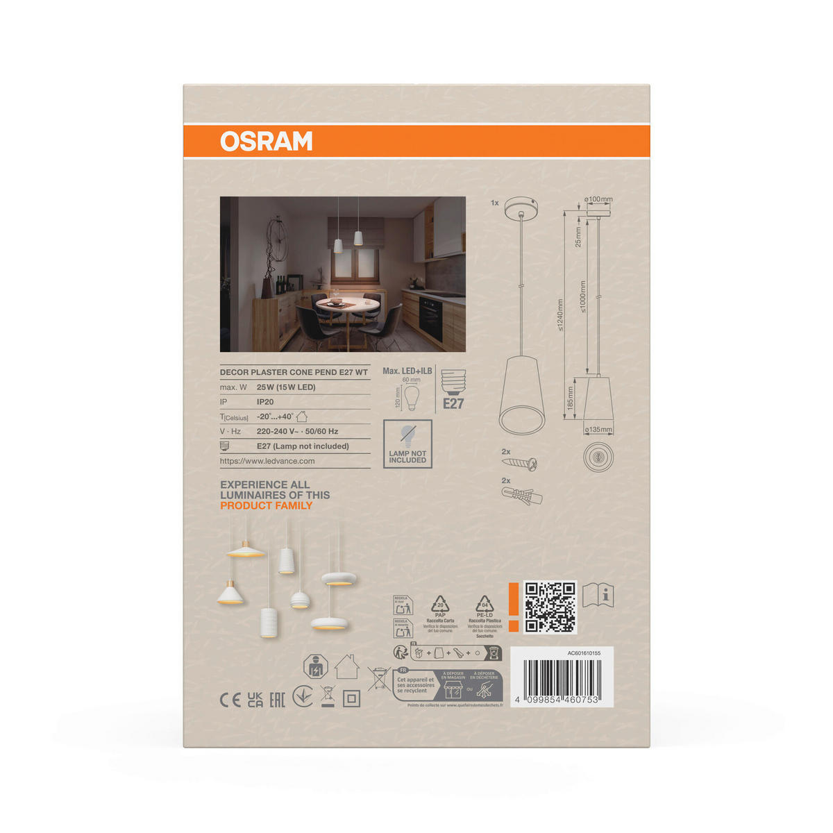 HÄNGELEUCHTE 13.5/124 cm  - Weiß, Basics, Stein/Metall (13.5/124cm) - Osram